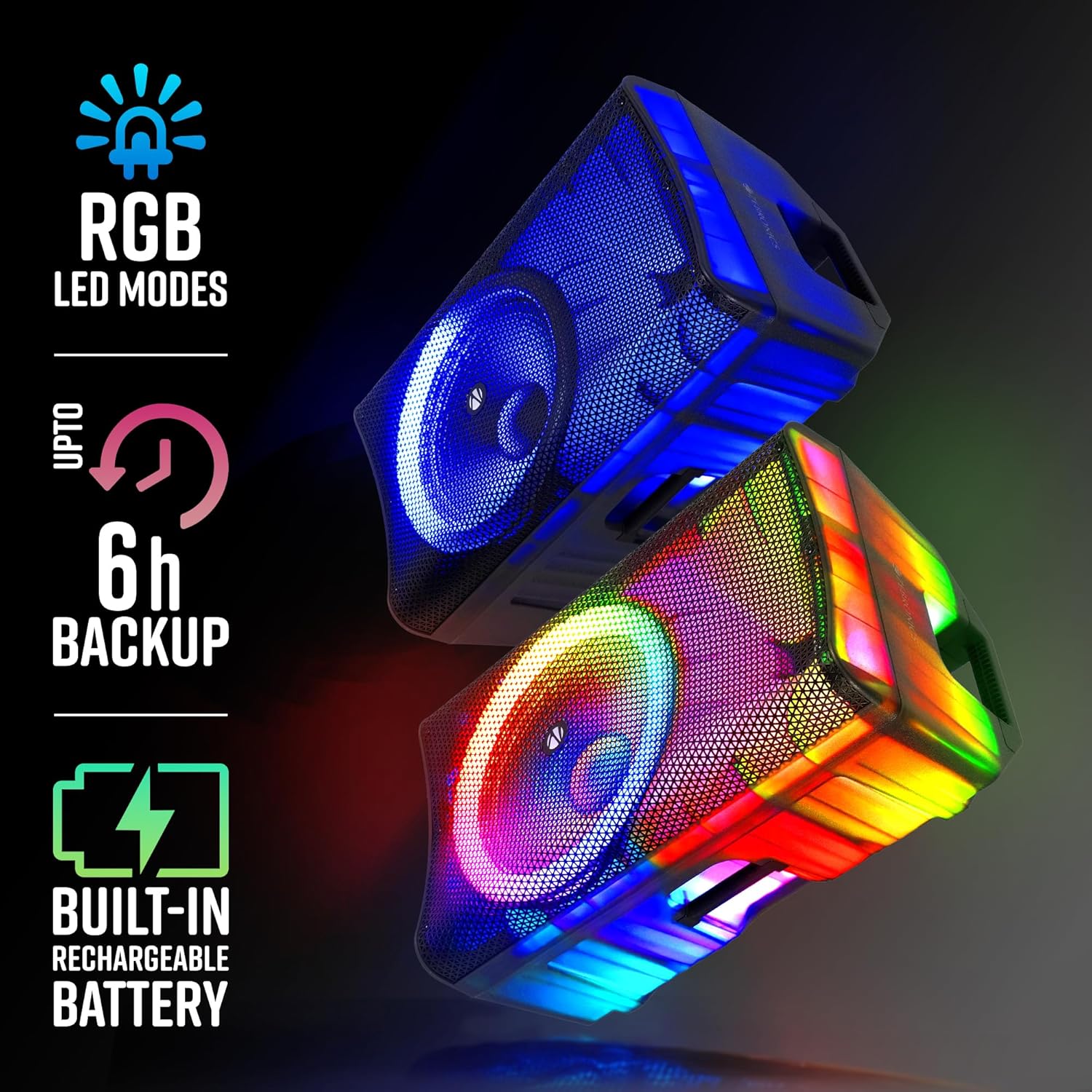 ZEB-GLOW BOX 15A showing RGB LED modes, 6-hour backup, and built-in rechargeable battery