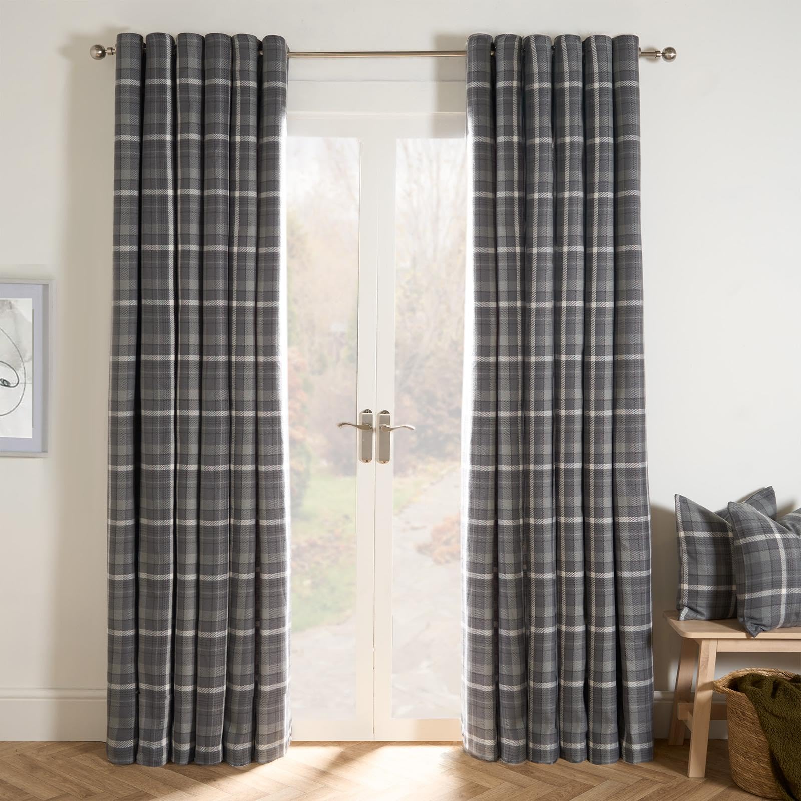 Ohs Charcoal Grey Curtain Eyelet For Living Room Bedroom, Soft Luxury Winsford Woven Check Blackout Thermal Curtains Decorative Fully Lined Curtains 2 Panel, 46" X 72"
