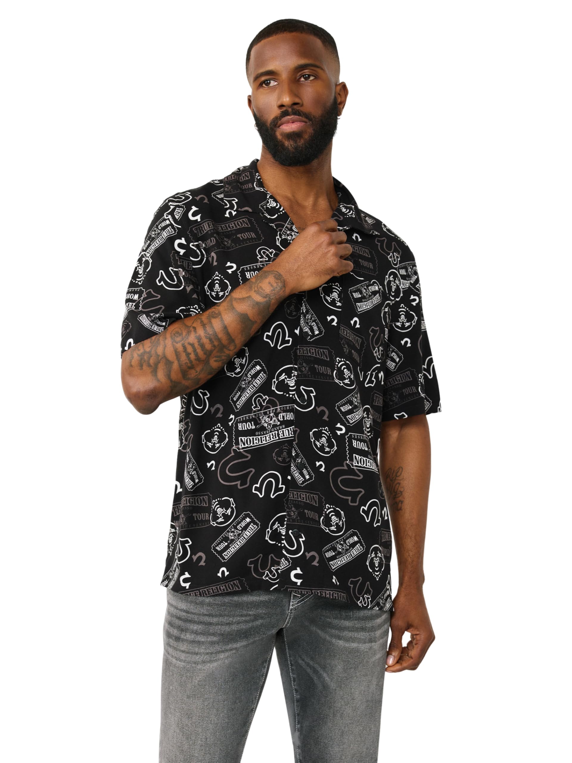 True Religion Ticket All Over Print Camp - Camisa para Hombre, Color Negro, Talla M