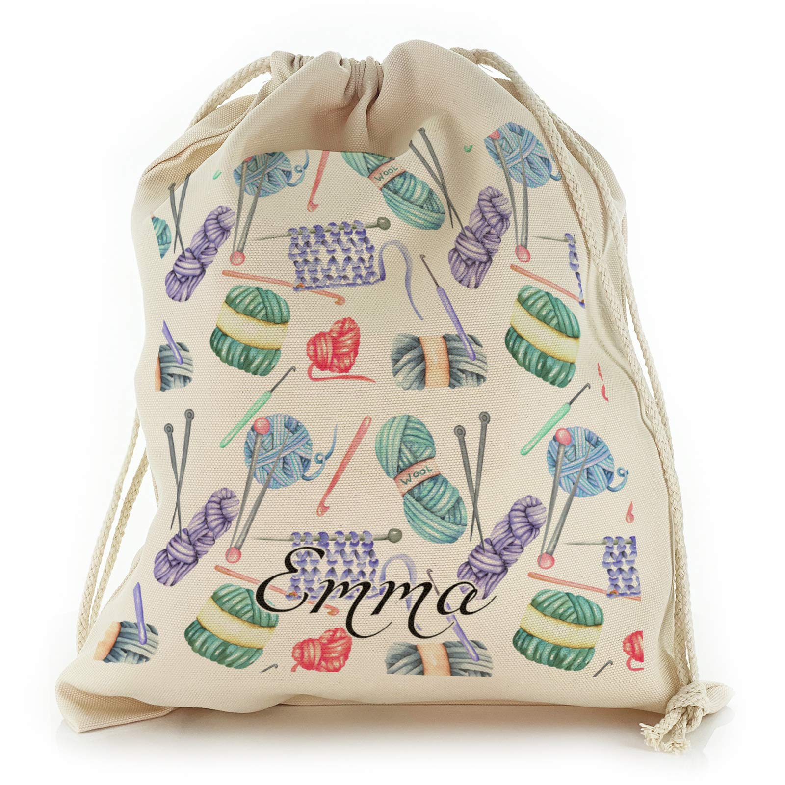 Personalised Crochet Bag/Gift Bag/Storage Bag with Needles Crochet Hooks Wool Heart Pattern Design, Reusable, Drawstring Sack Customised with Name/Initials/Text, Sizes: XXS, XS, S, M, L, XL