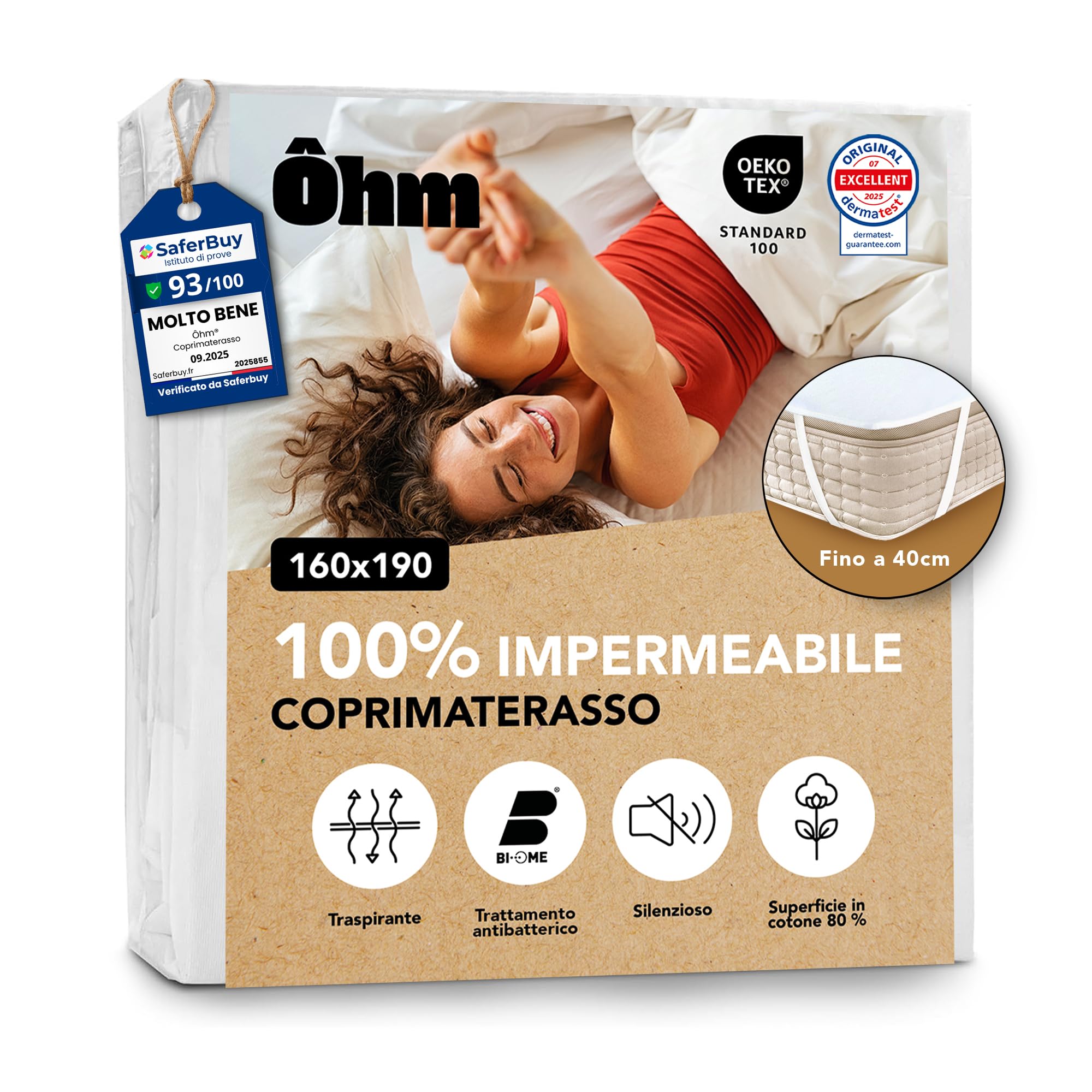 Ôhm Coprimaterasso matrimoniale 160x190 cm Impermeabile – 80% Cotone Traspirante, Antiacaro e Anallergico – Angoli Elasticizzati fino a 40 cm – Certificazione OEKO-TEX