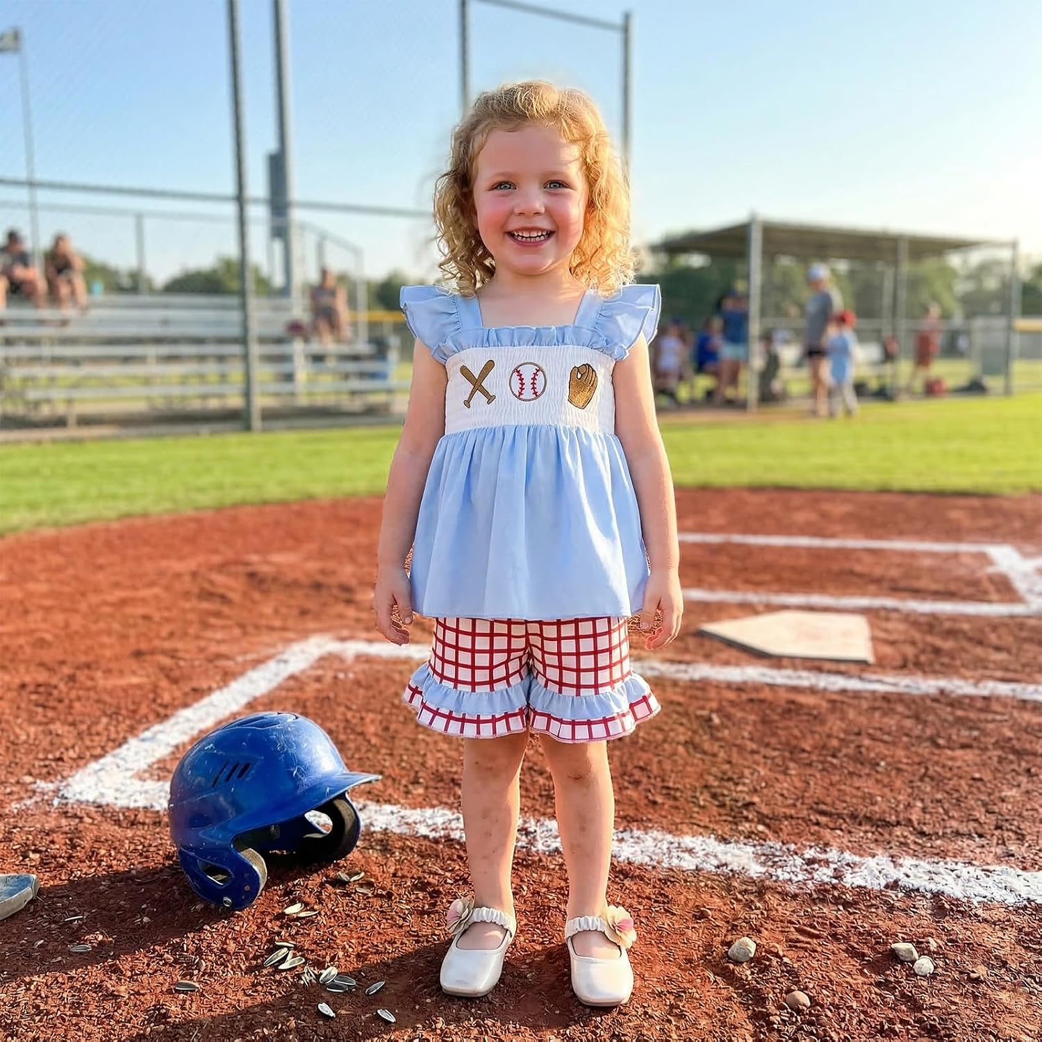 Toddler Baby Girls Baseball Outfit Flutter Sleeve Smocked Shirt Dress Top Plaid Ruffle Shorts Set Summer Clothes