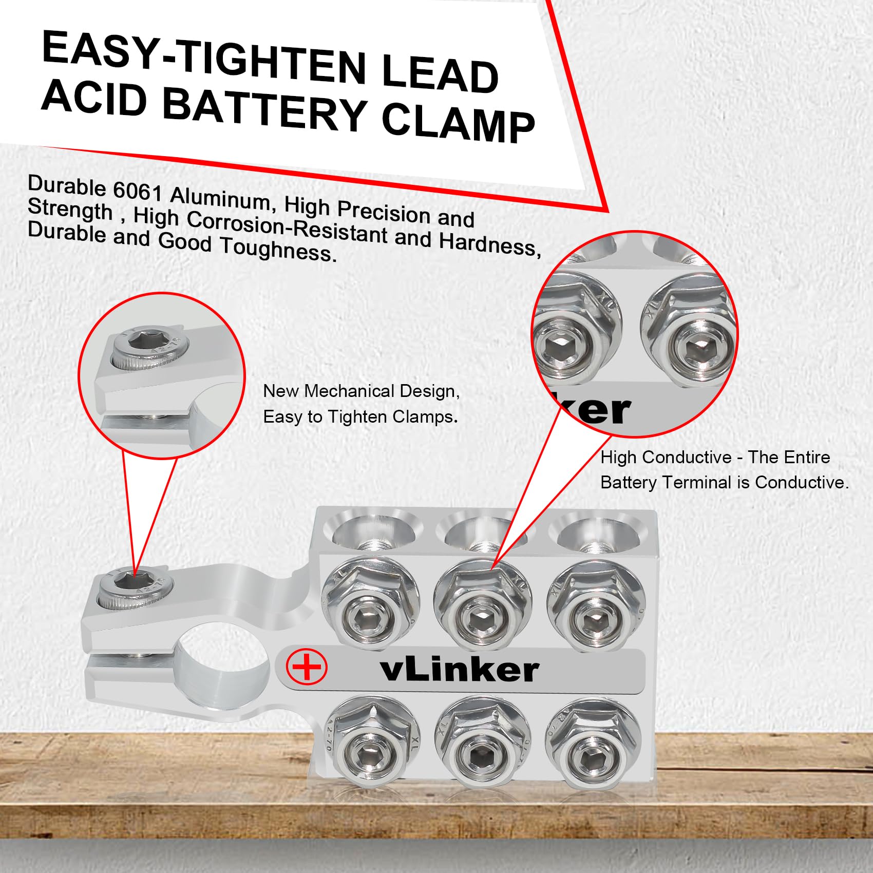 V-gate vLinker - Morsetti terminali per batteria al piombo acido, 8 AWG fino a 4/0 (XL), connettori a 12 vie, terminale batteria in alluminio 6061 positivo e negativo (+/-) (coppia) per perno