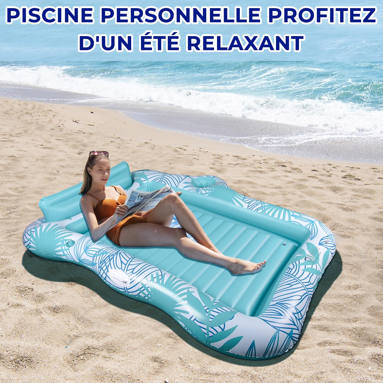 BuzzoXerex Matelas Gonflable Piscine, Double Grand Hamac à Eau Flotteur de Piscine Adulte pour Bain de Soleil avec Appui-tête et Support de Seau à Glace pour Piscine été Plage