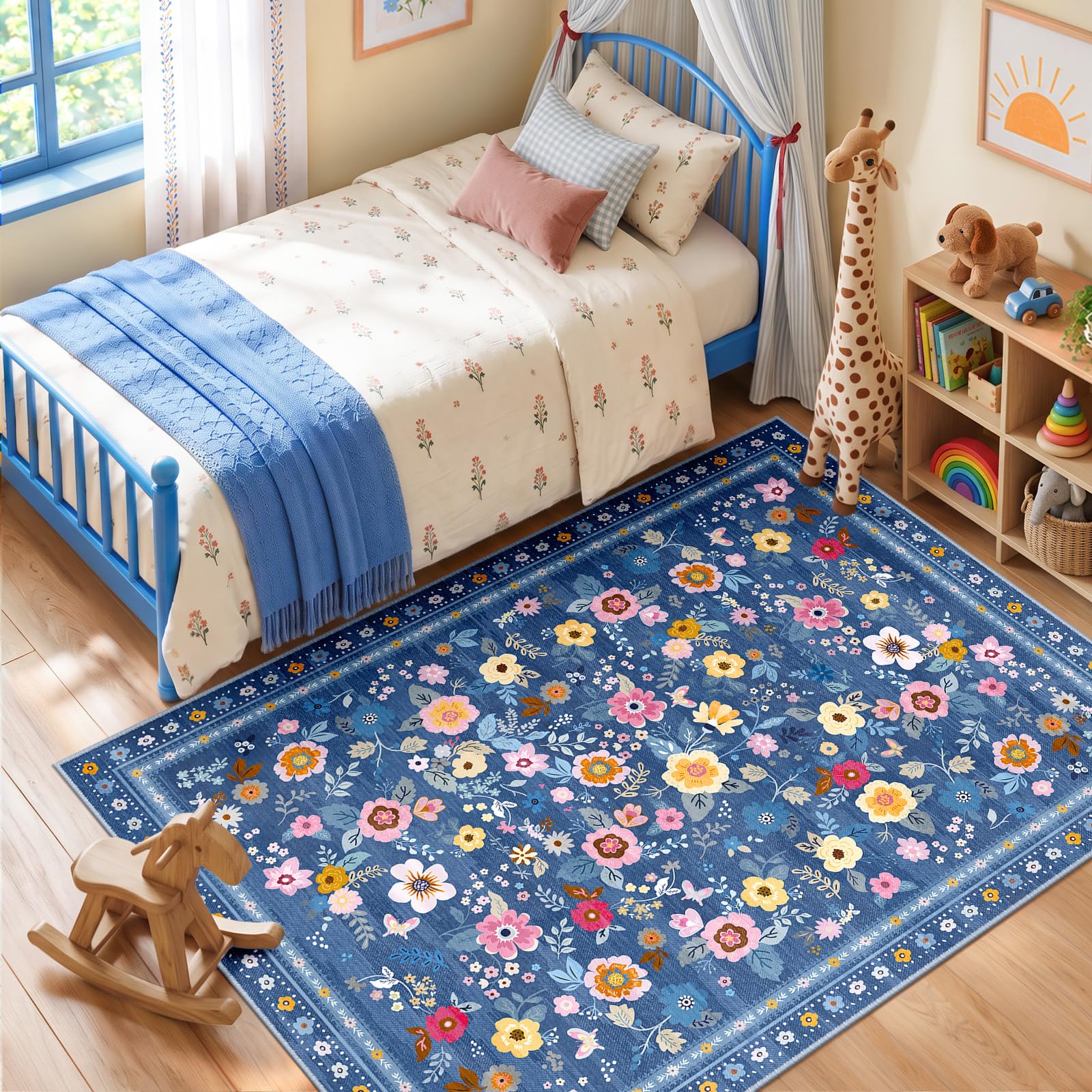 INOVADAY Washable Rug Floral Print 90x150 cm Blue Living Room Rug — image 1