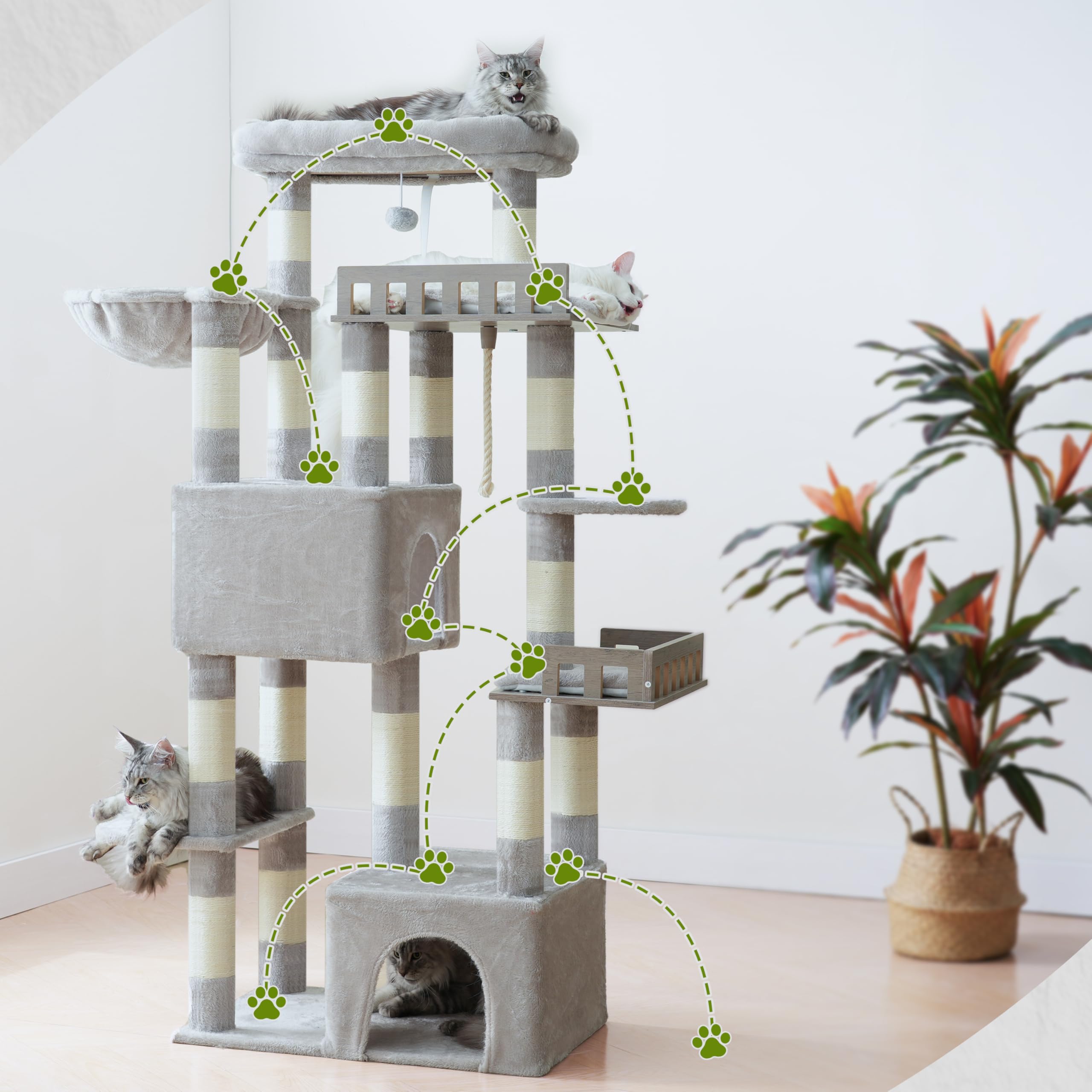 Gitelsnour Kratzbaum groß, Katzenbaum für große ausgewachsene Katzen, 174cm Katzenkratzbaum mit Hängematte, 2 große Sitzstangen, 2 Katzenhöhlen,15 Kratzstangen, Hellgrau GCT033W