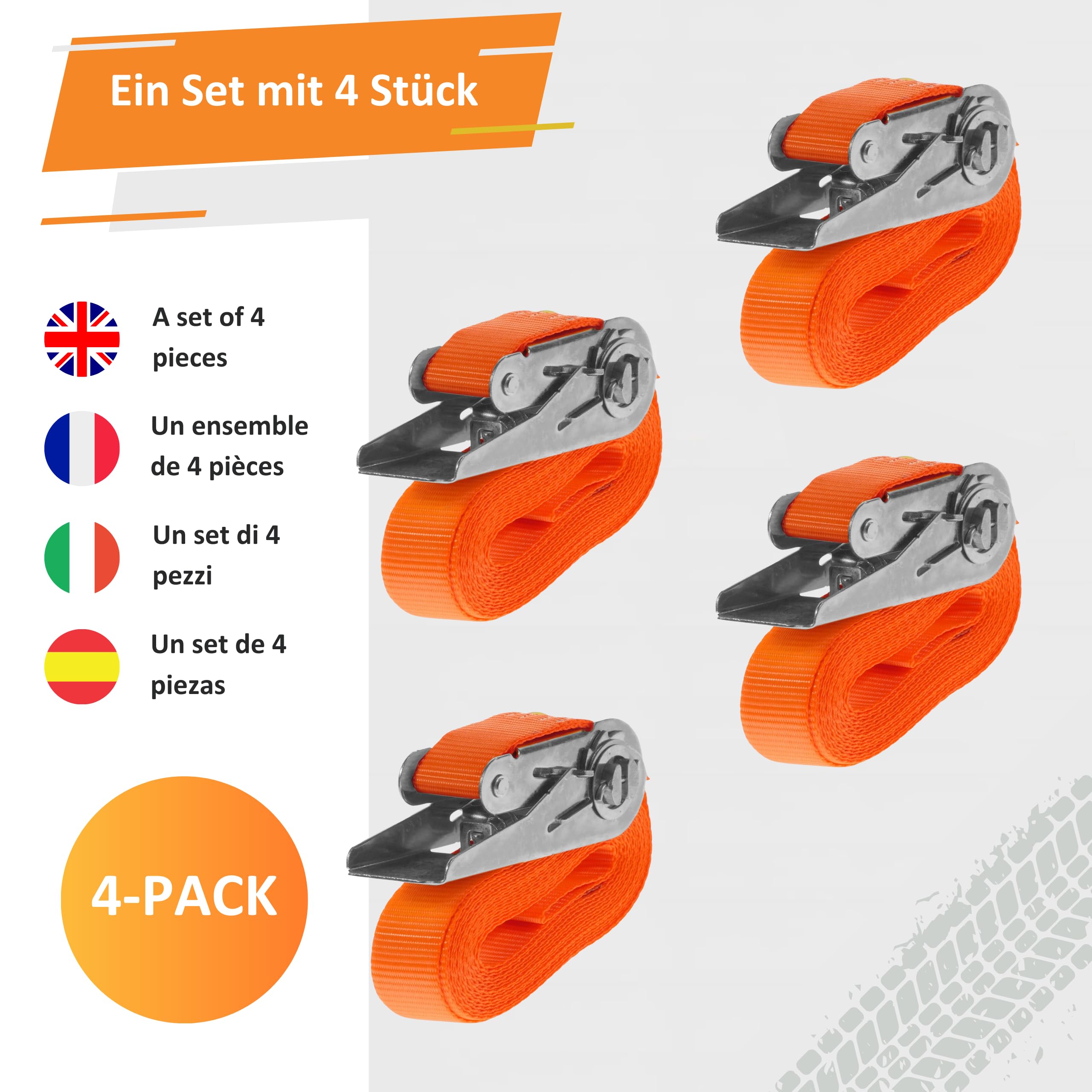 INTAKO Lot de 4 Sangles à Cliquet (4m ou 6m) - 25mm 800kg - Sangles d’Arrimage Moto, Remorque, Quad, Bagages - Certifiées TÜV GS, DIN en 12195-2 (Orange, 4m (Lot de 4))