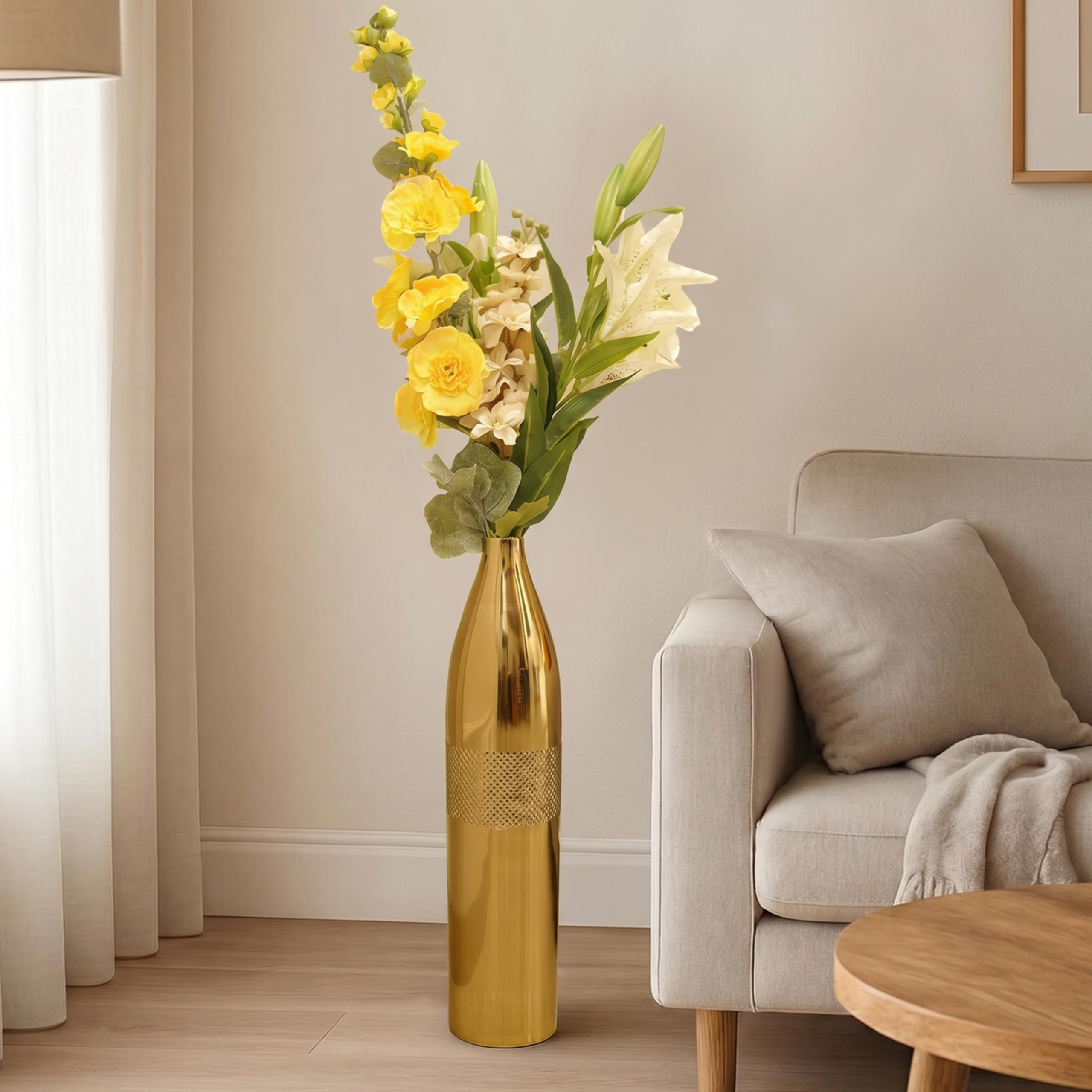 Behoma Premium Gold Metal Floor Vase | Luxury Golden Cylindrical Standing Vase for Living Room & Home Décor for Birthday, Anniversary & Valentine’s Day | 1 Pc (Flower not Included)-image-9