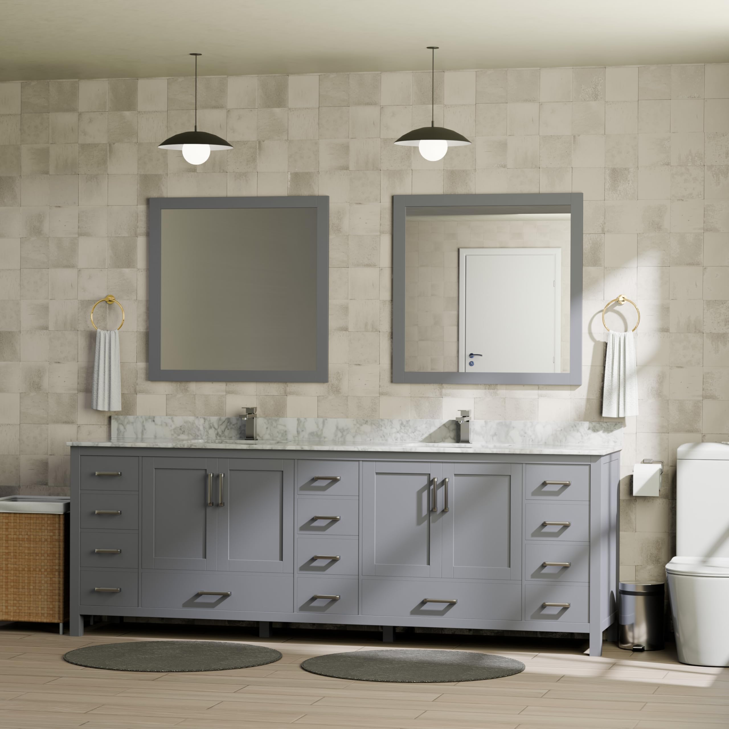 Big Sur 84 in. W x 22 in. D Dark Grey Double Bath Vanity, Carrara Marble Top, Faucet Set and 34 in. Mirrors