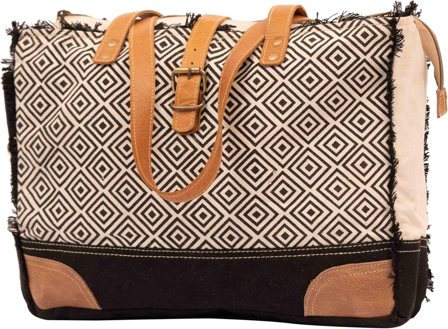 RAJERIYA SEL de MER Upcycled Canvas & Leather Tote Bag for Women – Geometric Print Shoulder Handbag, Vintage Boho Travel Purse, Zipper Closure Everyday Carry Bag