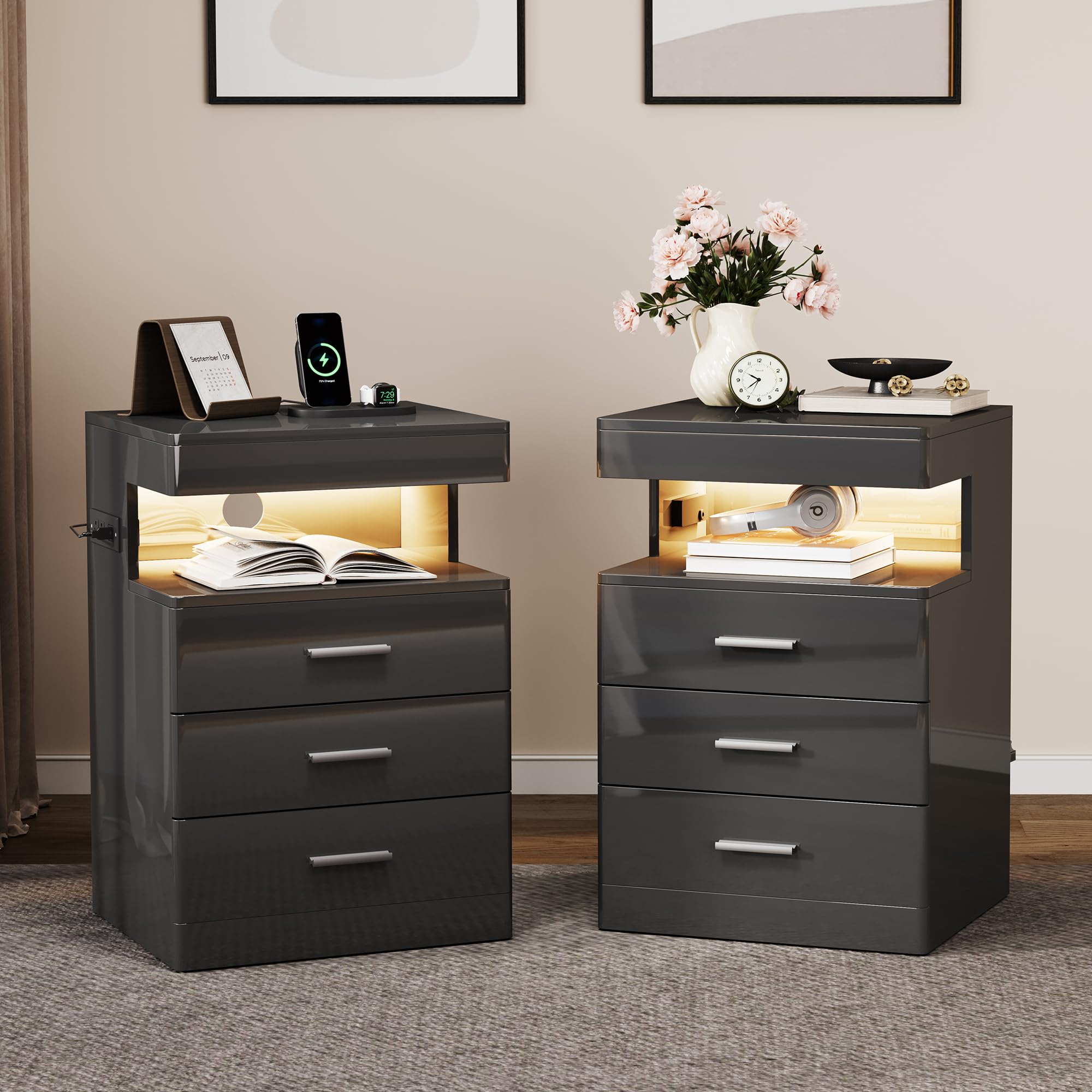 black nightstand set of 2 with charging station and rgb lights