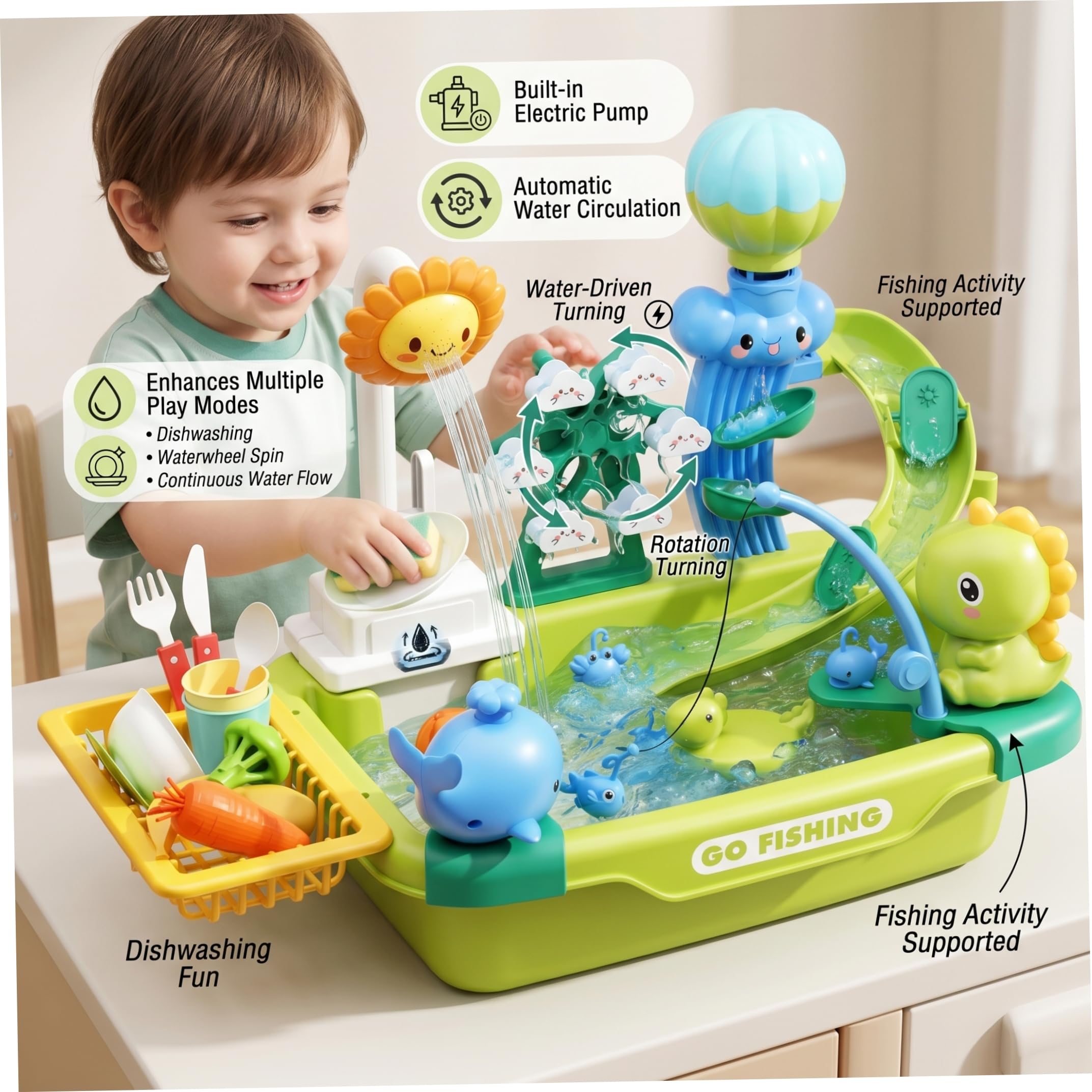 Lavello per bambini, lavello giocattolo con acqua corrente, set da gioco per bambini a tema dinosauro con pesca, lavastoviglie e scivolo sistema di ci