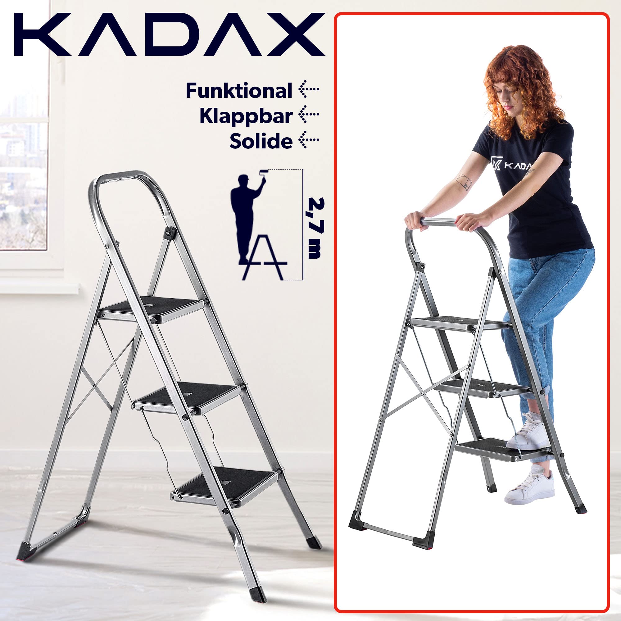 KADAX Drabina stalowa 3‑stopniowa z poręczą, antypoślizgowe stopnie, udźwig 150 kg, składana konstrukcja, pewne sięganie na wysokość w domu i warsztacie