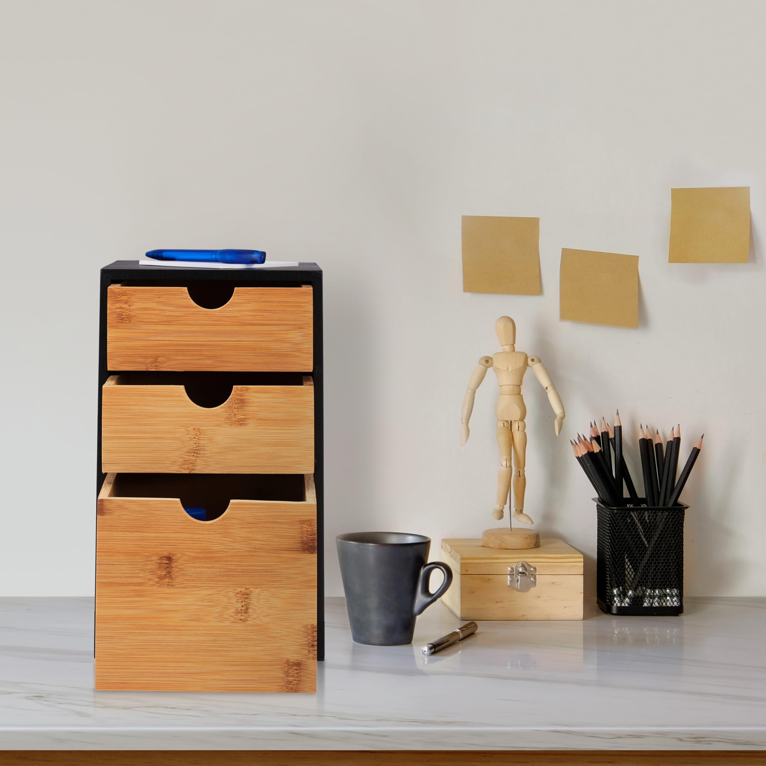 Relaxdays Portaoggetti da Scrivania con Cassetti, 3 Cassettini, Organizer in bambù, 28 x 17 x 21,5 cm, Naturale Nero