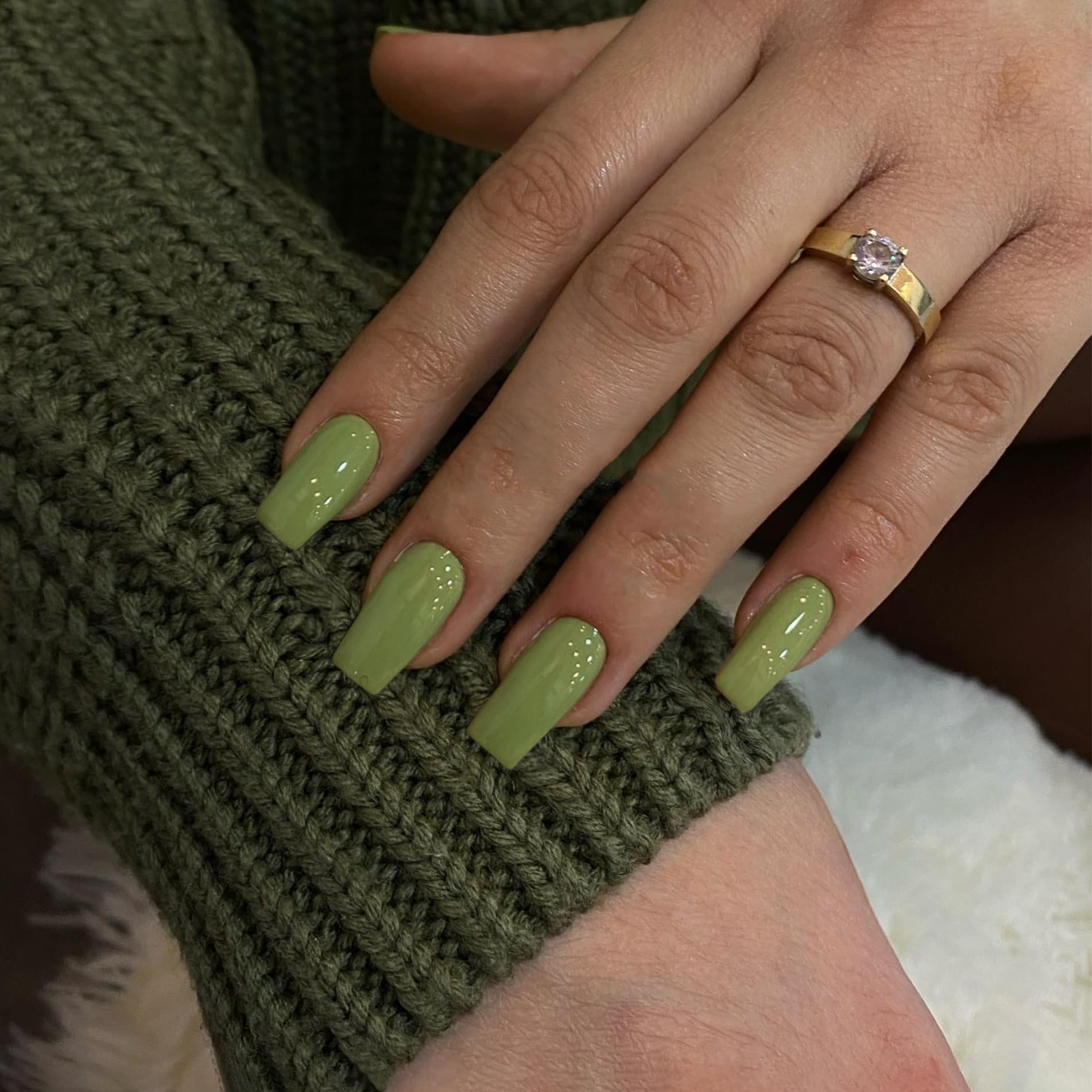 SXVME Olive Green Press on Nails Long Square, Acrylic False Nails Medium Coffin, Glossy Gel Fake Nails Press on - Image 3