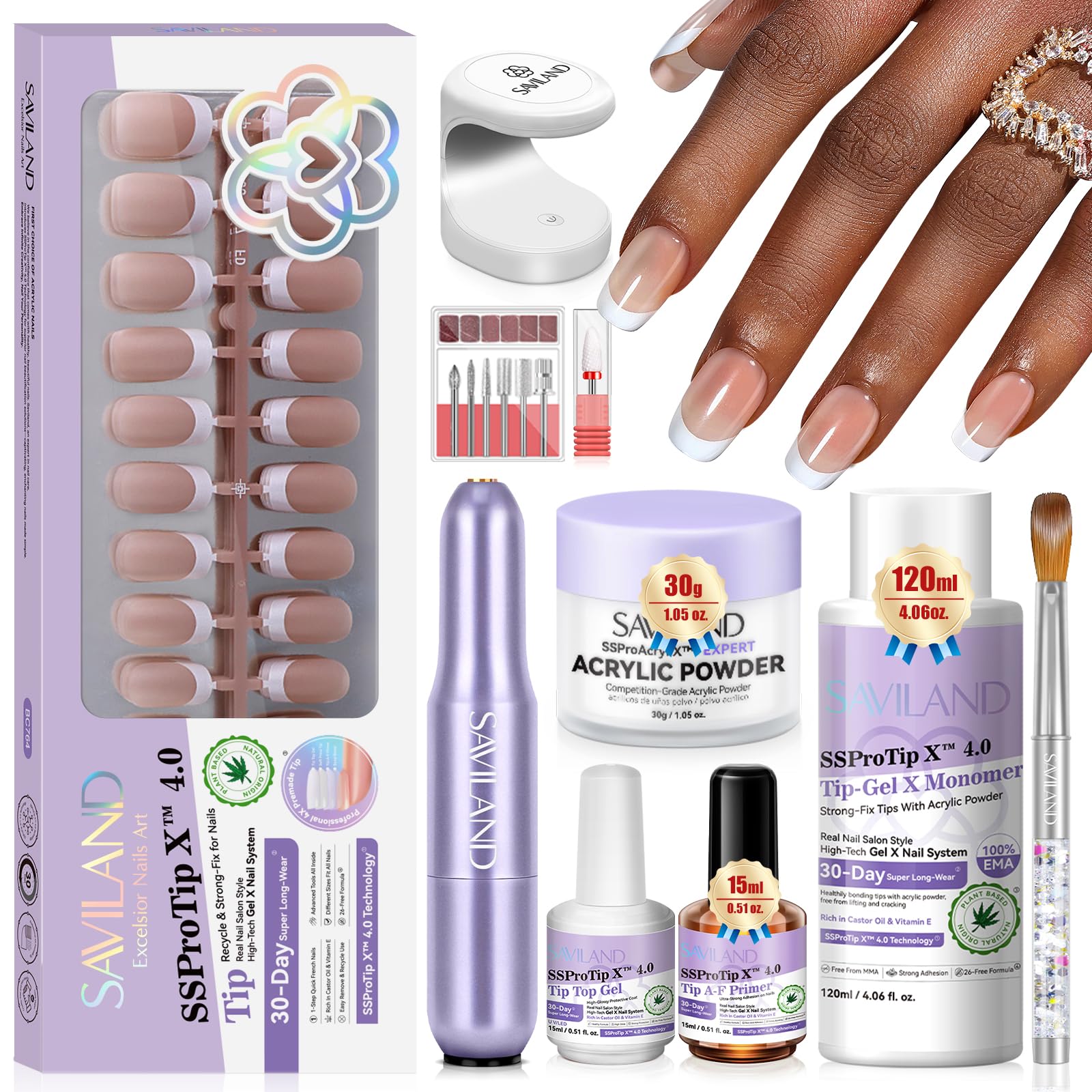 SAVILAND French Tip Acrylic Press On Nails Kit: In-Minute Long Wear & Easy French Acrylic Press-ons & Thick Short Square White Tip 150PCS Pro Acrylic Nail Kit Powder Monomer Liquid 3-Way Salon Gift