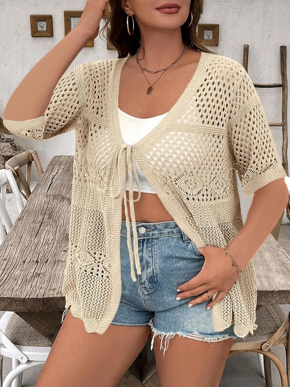 Women Plus Size Cardigan Lightweight Tie Front Crochet Short Sleeves V Neck Cardigan Sweater - Image 3