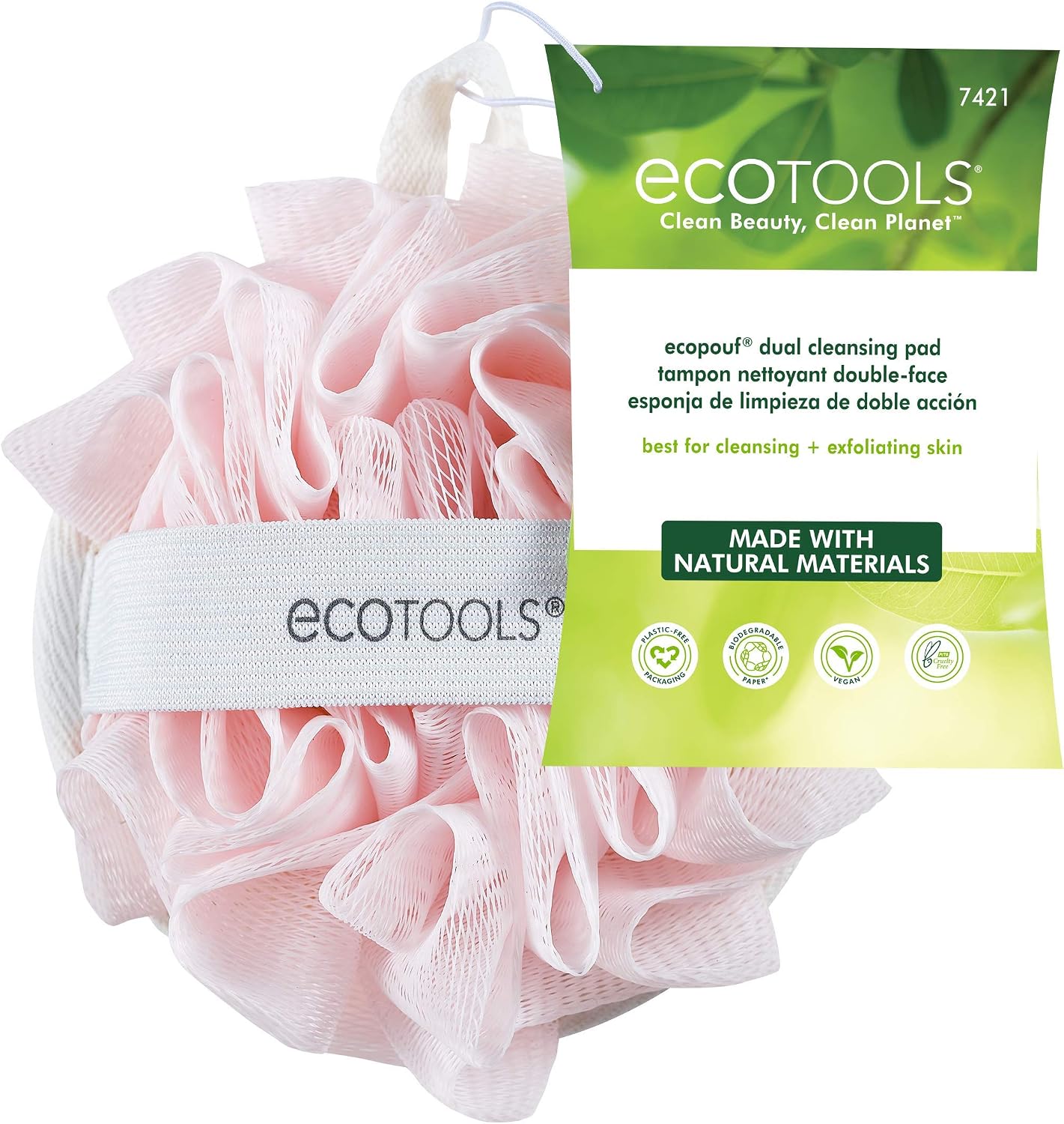 EcoTools EcoPouf Dual Cleansing Pad, Multipurpose Gentle Cleansing Body Scrubber, 2-in-1 Bath Sponge, Exfoliating for Shower & Bath, Recycled Netting, Vegan & Cruelty-Free, Pink, 4 Count