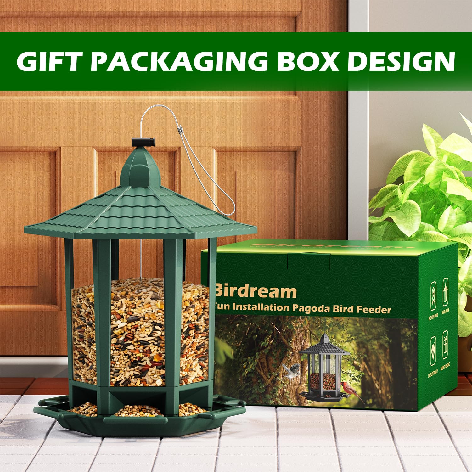 Birdream Confezione da 2 mangiatoie per uccelli da appendere all'esterno, design retrò a pagoda, divertente installazione, per attirare uccelli selvatici, cince, cardinelli, fringuelli e passeri