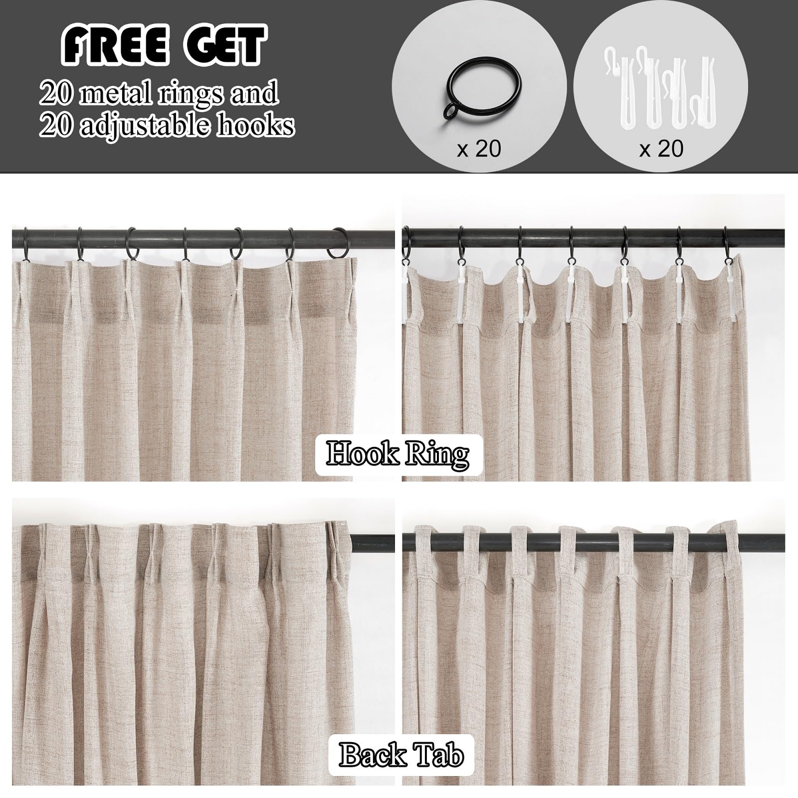 Ftinala Pinch Pleated Linen Curtains 96 Inches Long 2 Panels Set, Oatmeal Beige Semi Sheer Curtain, Natural Textured Light Filtering Drapes, Farmhouse Boho Decor with Hooks & Back Tab & Rings