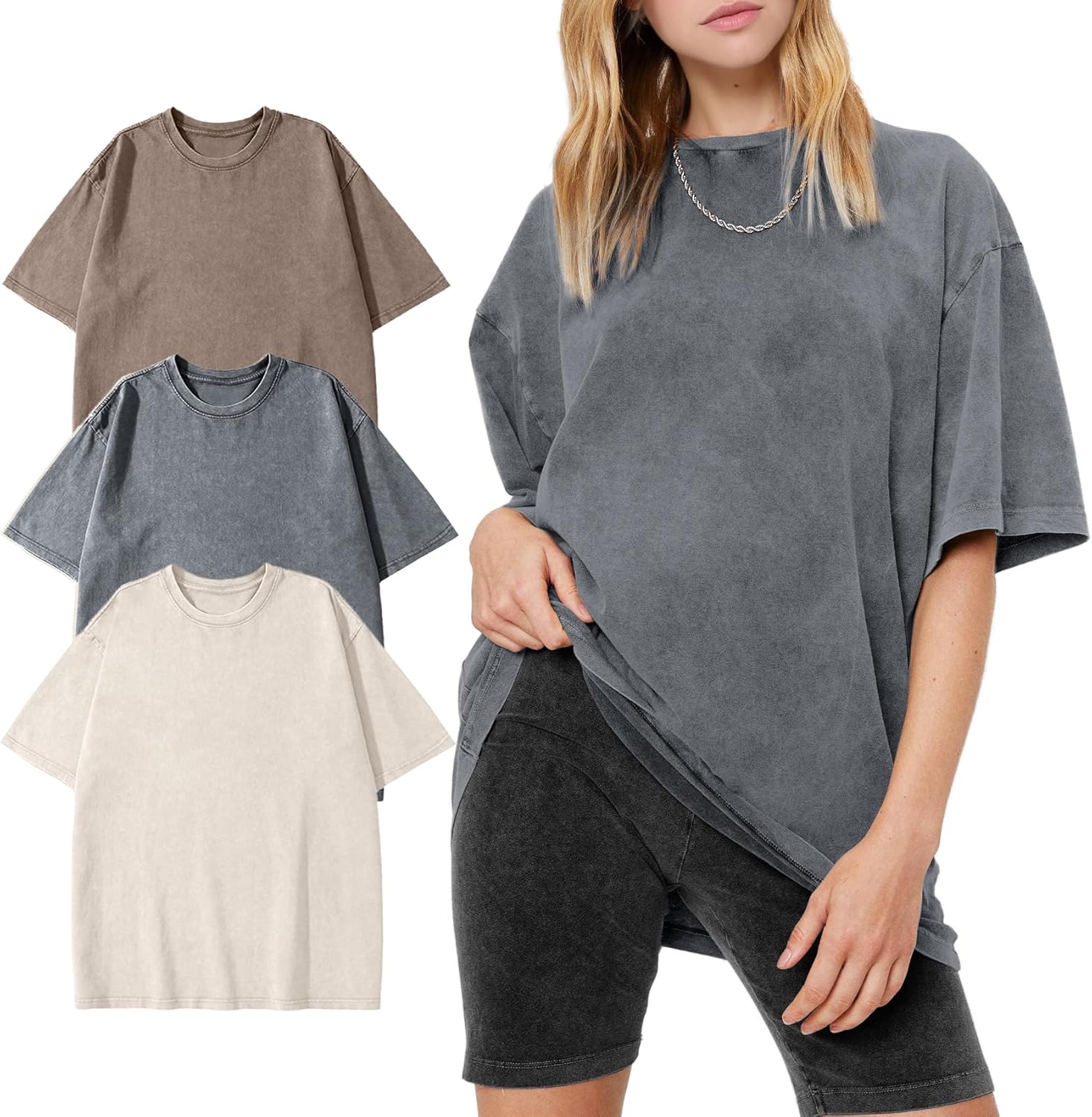 PEHMEA 3 Pcs Women's Oversized T-Shirts Cotton Short Sleeve Vintage Washed Baggy Boyfriend Streetwear Summer Tops