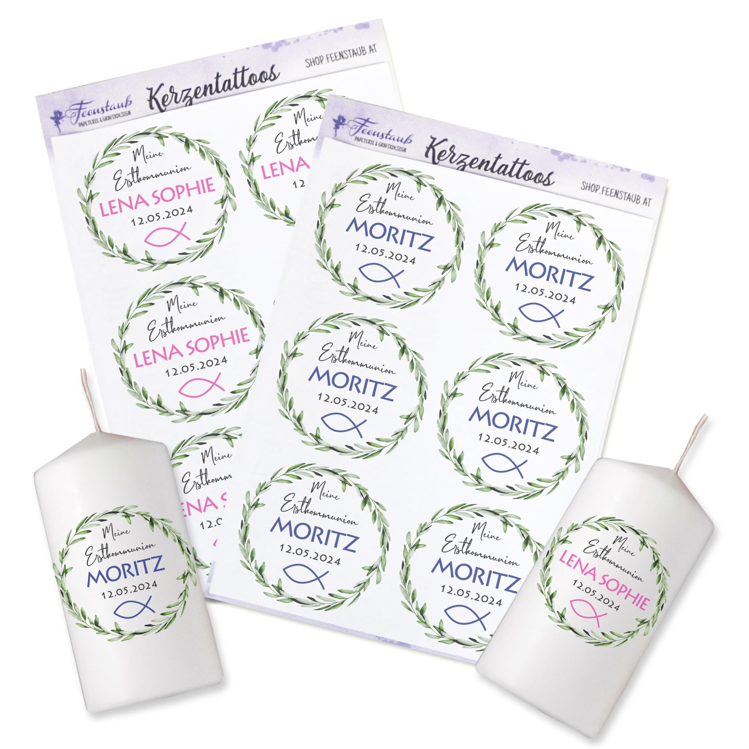 Kerzentattoos Konfirmation, Firmung, personalisierte Aufkleber für Kerzen, Tischkerze Fisch Kommunion Deko rosa oder blau, Kerze für Erstkommunion gestalten, Feenstaub
