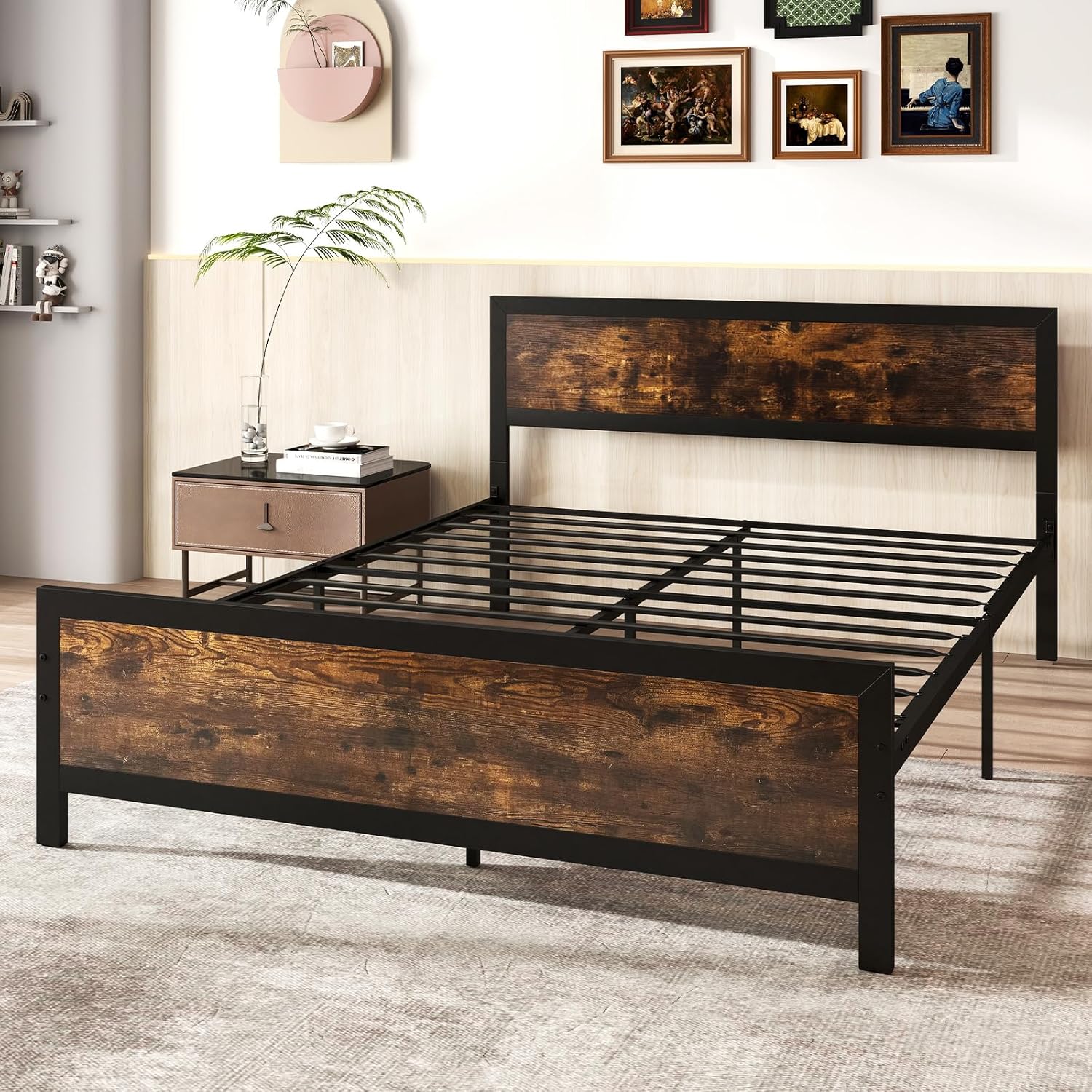 Giantex Metal Queen Size Platform Bed Frame with Wood Headboard and Footboard, Industrial Heavy Duty Queen Bed Frame w/Strong Support, No Box Spring Needed, Noise-Free, Rustic Brown