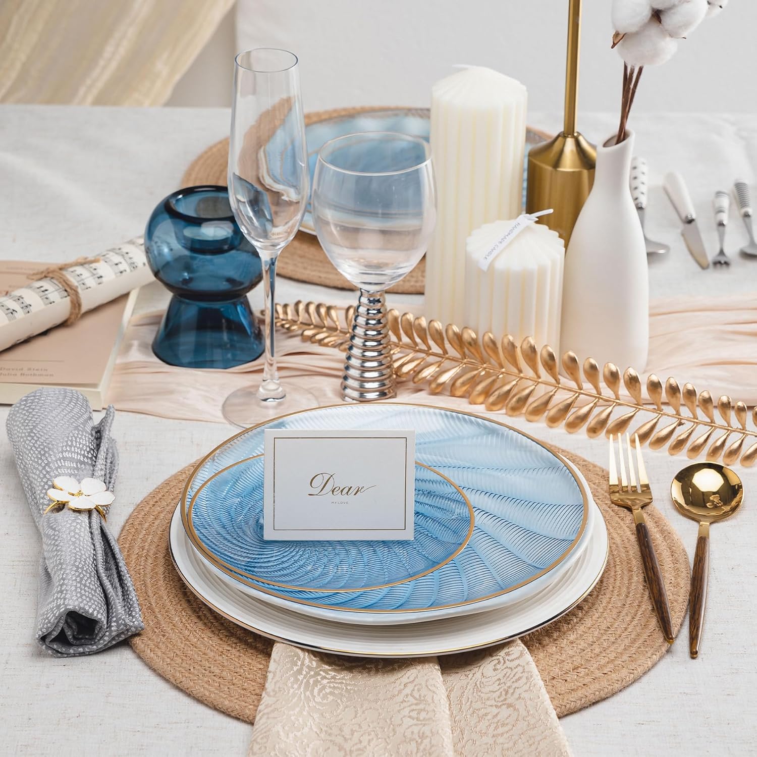 N9R 60PCS Blue Plastic Plates for Party, Heavy Duty Disposable Plate with Gold Rim, Elegant Spiral Design 30 Dinner & 30 Dessert Plates for Wedding, Baby Shower, Birthday(Translucent Blue) - Image 4