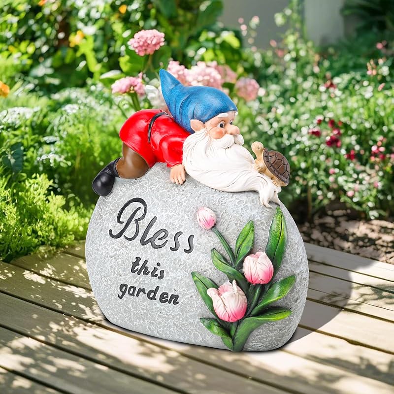 Gnomos decoración al aire libre, estatuas de piedra de jardín, novedad juego de gnomos con tortuga | Esculturas de jardín de gnomo, estatua de piedra con flor y figura de tortuga, decoración para Patio, porche, arte, decoración del hogar y regalos