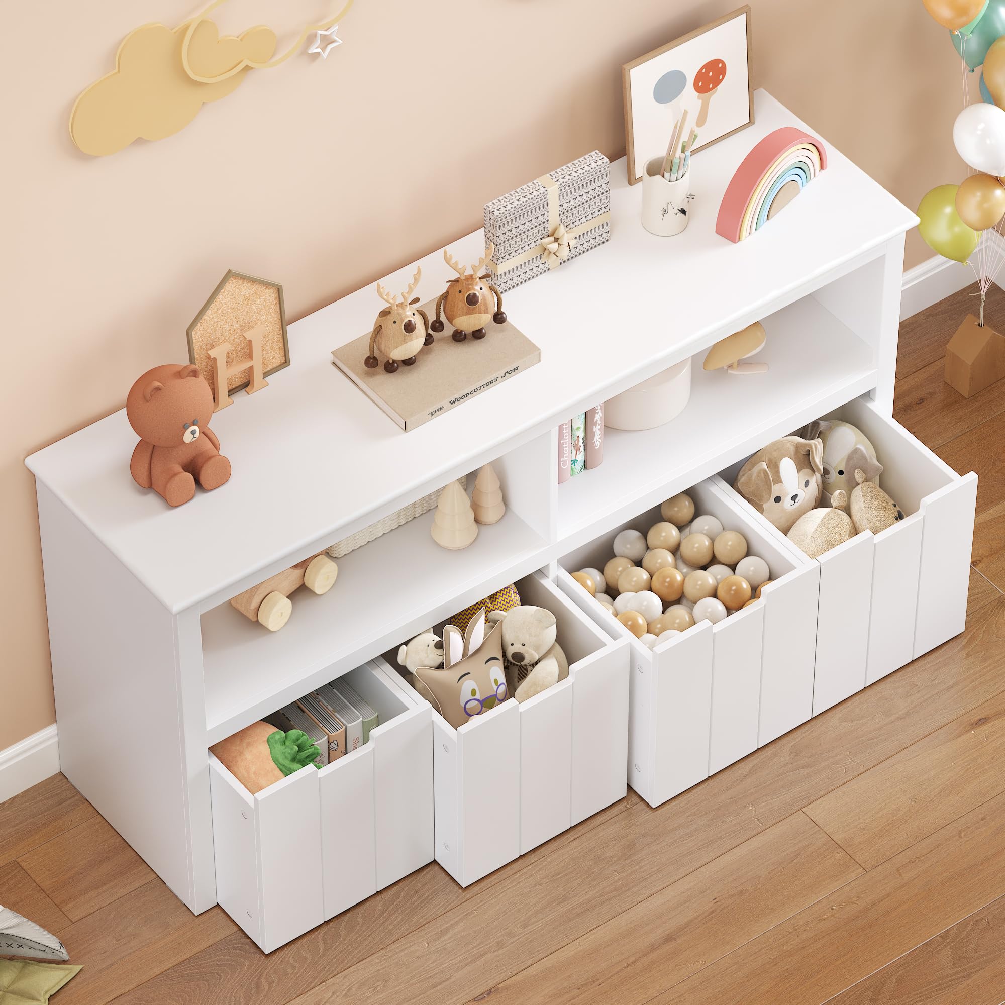 FOREHILL Kinderregal mit Boxen auf Rollen, Spielzeug Aufbewahrung Kinderzimmer Möbel, Spielzeugregal, Kinderschrank, Regal weiß mit 4 Boxen, Aufbewahrungsbox für Kinder 120 x 61,5 x 33cm weiß