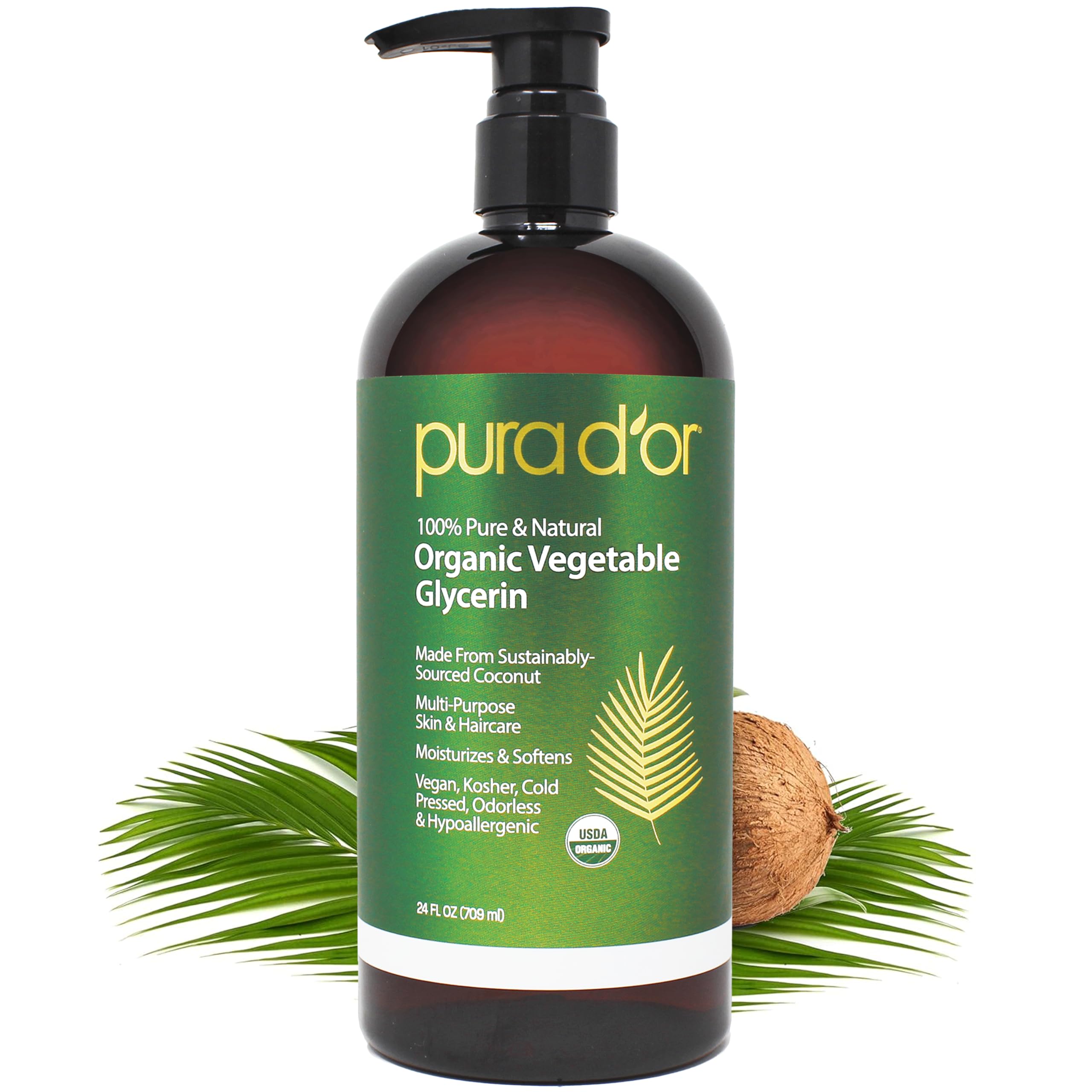PURA D'OR 24 Oz ORGANIC Vegetable Glycerin - Derived From Coconut - Clear & Odorless - 100% Pure Premium Grade, Non-GMO, Kosher, Vegan, Cold Pressed, For Hair & Body - DIY Skin Care Base 24 Fl Oz (Pack of 1)