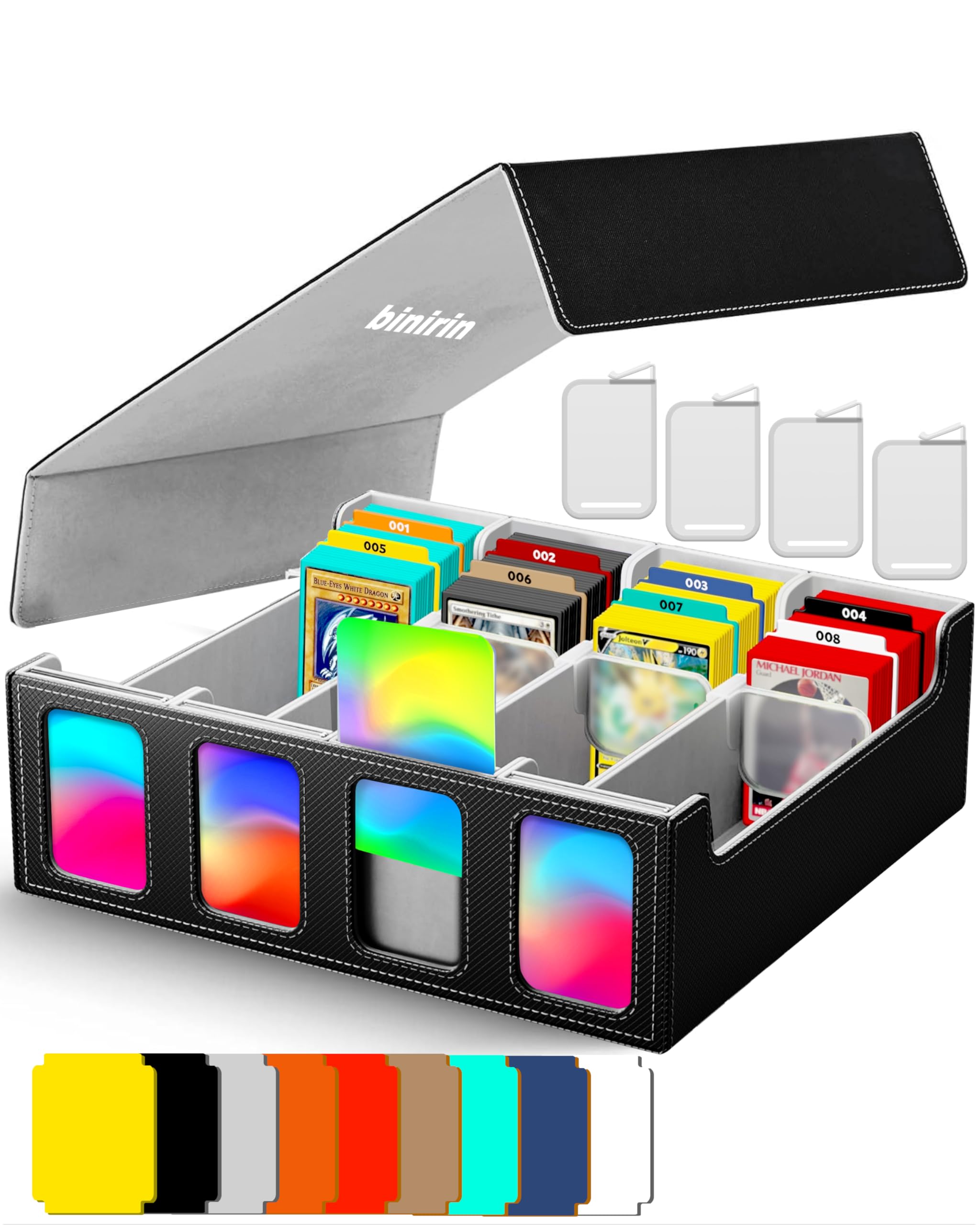 binirin Trading Card Storage Box for Commander Display, 3000+ MTG Deck Box with 4 Toploaders & Card Supporters, PU Leather Card Deck Case Fits MTG Yugioh TCG Magic Game & Sports Cards (Black&Grey)