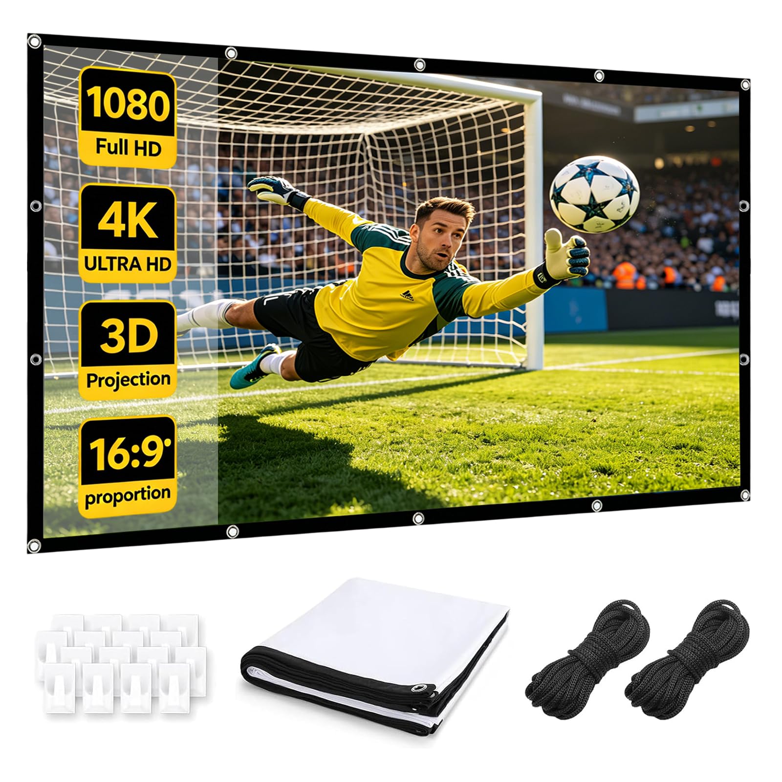 Schermo per proiettore pieghevole da 100", 16:9, double face, 4K, HD, con occhielli di fissaggio, ganci autoadesivi e corde da 5 m, portatile, lavabile, per home theater, ufficio, campeggio