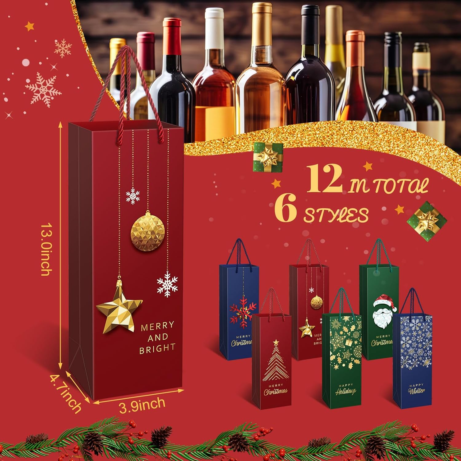 Kolldenn 12 Pcs Christmas Wine Bottle Gift Bags with Handles Christmas Gift Bags Bulk for Wine Bottles Xmas Holiday Gifts Wrapping Wedding Party (Classic) - Image 2