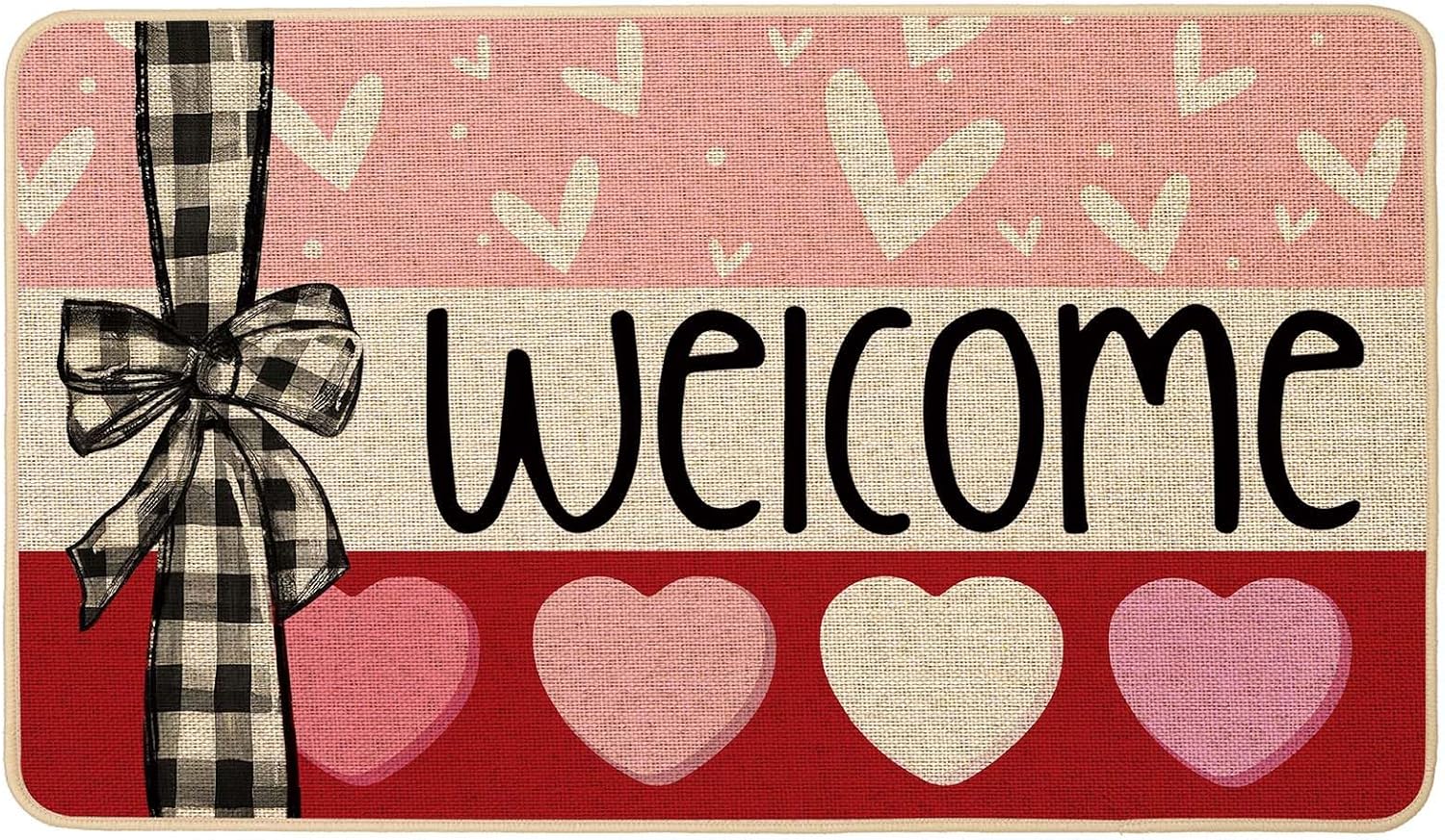 Baccessor Valentines Day Door Mat Welcome Love Bow Pink Heart 17x29 inch Decorative Front Doormat Indoor Outdoor Non Slip Rubber Backing Seasonal Anniversary Wedding Kitchen Decoration