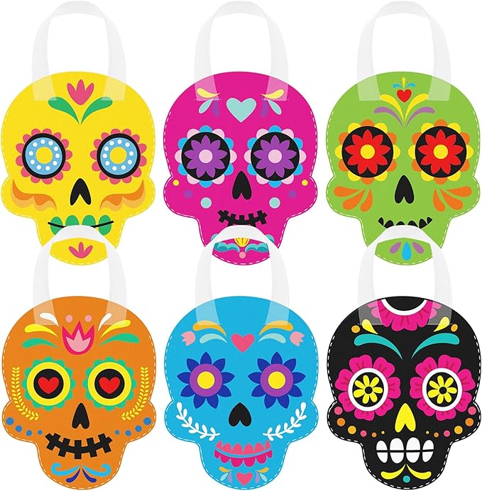 Sweetude 24 Pcs Day of the Dead Party Favors Bags Sugar Skull Non-woven Reusable Candy Goodie Gift Treat Bags with Handles for Halloween Dia De Los Muertos Party Supplies Decorations(Colorful Style)