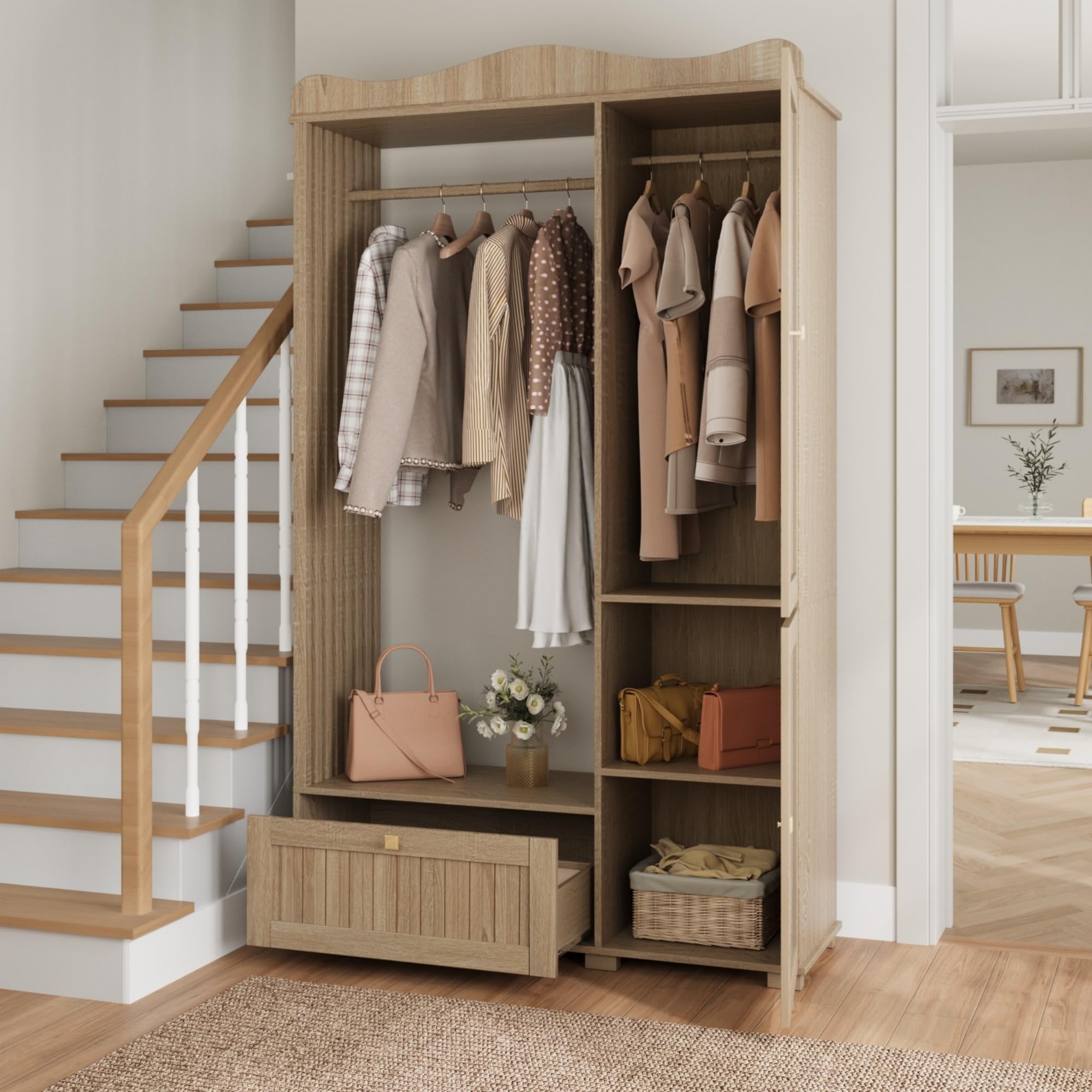 Garderobenschrank mit Spiegel, Garderobe Garderobenset mit Schublade und 2 Türen, Flurgarderobe Flur Möbel, Eichenholzfarbe, 115.5x38.5x194.5 cm