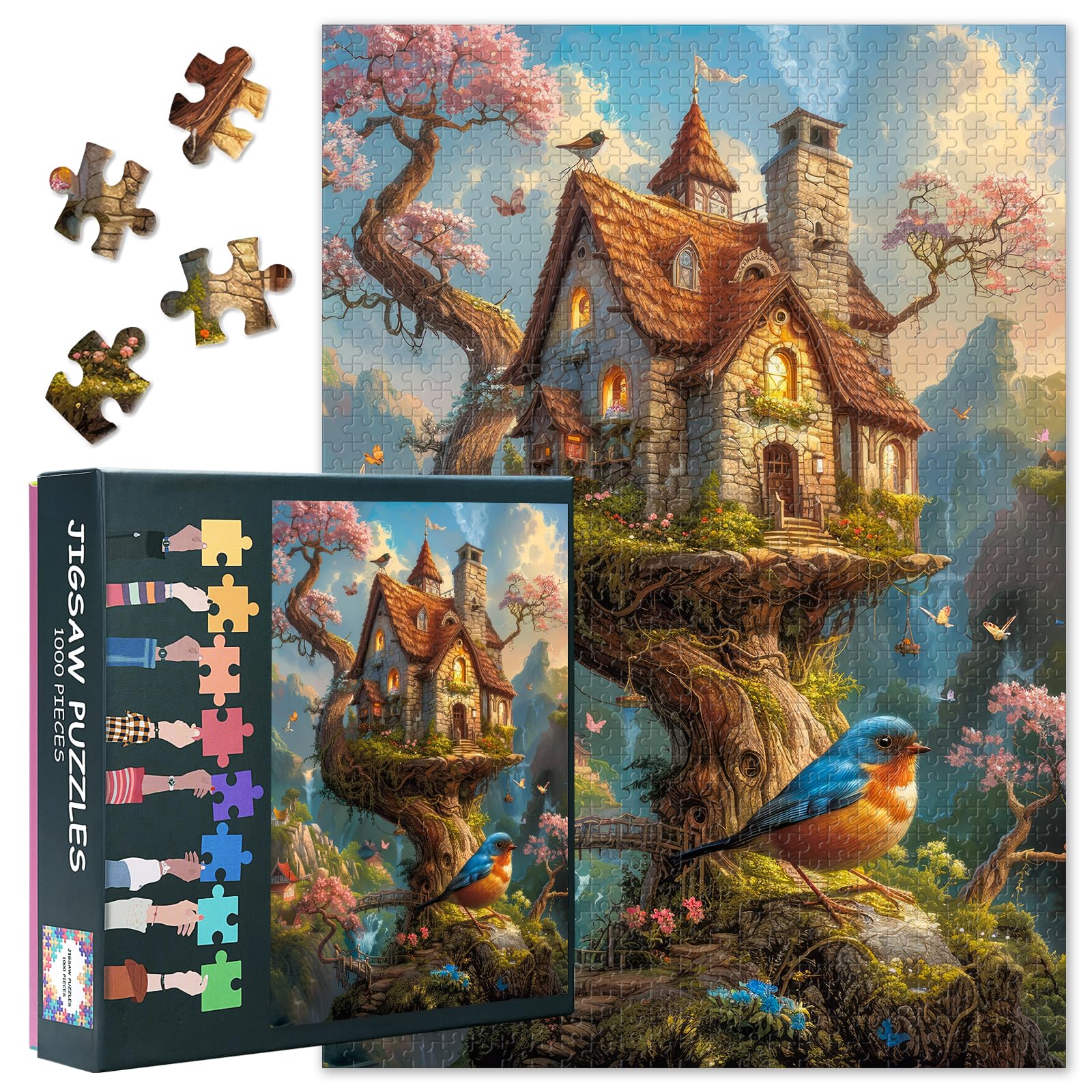 Fantasy House Jigsaw Puzzles for Adults 1000, Bird and Tree Difficult Family Puzzle Educational Games Home Decoration, Challenging Puzzles for Adults Men & Women Gift (27.5"x19.7")