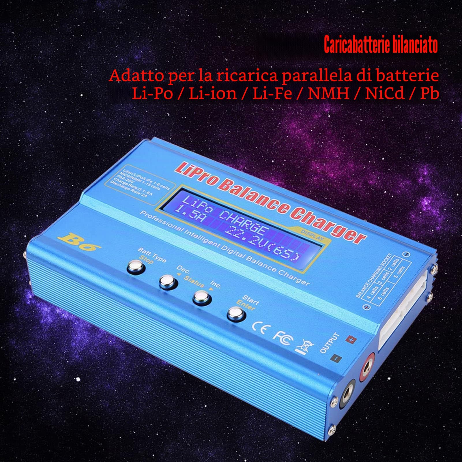 Caricabatterie Digitale 80W per Batterie LiPo NiMH con Display LCD Bilanciamento Scaricatore Spina EU 133x87x33mm
