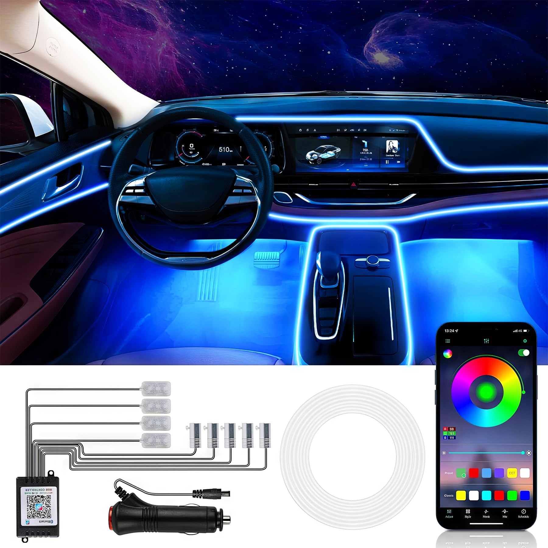 Wilktop LED Interior Lighting with App, 2 Lines, 9 Pieces, Colorful RGB Car LED Strip with Remote Control, Ambient Music and Footwell Lighting, 12 V 6.5 m