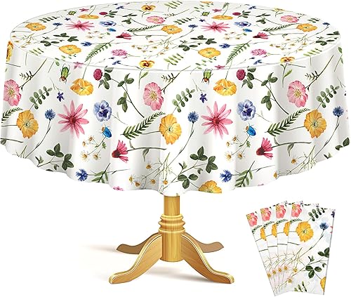 Miniatura 2 de Kinlop 4 piezas de manteles de plástico redondos para té, 177,8 cm, mantel floral decorativo desechable para exteriores, funda de mesa floral