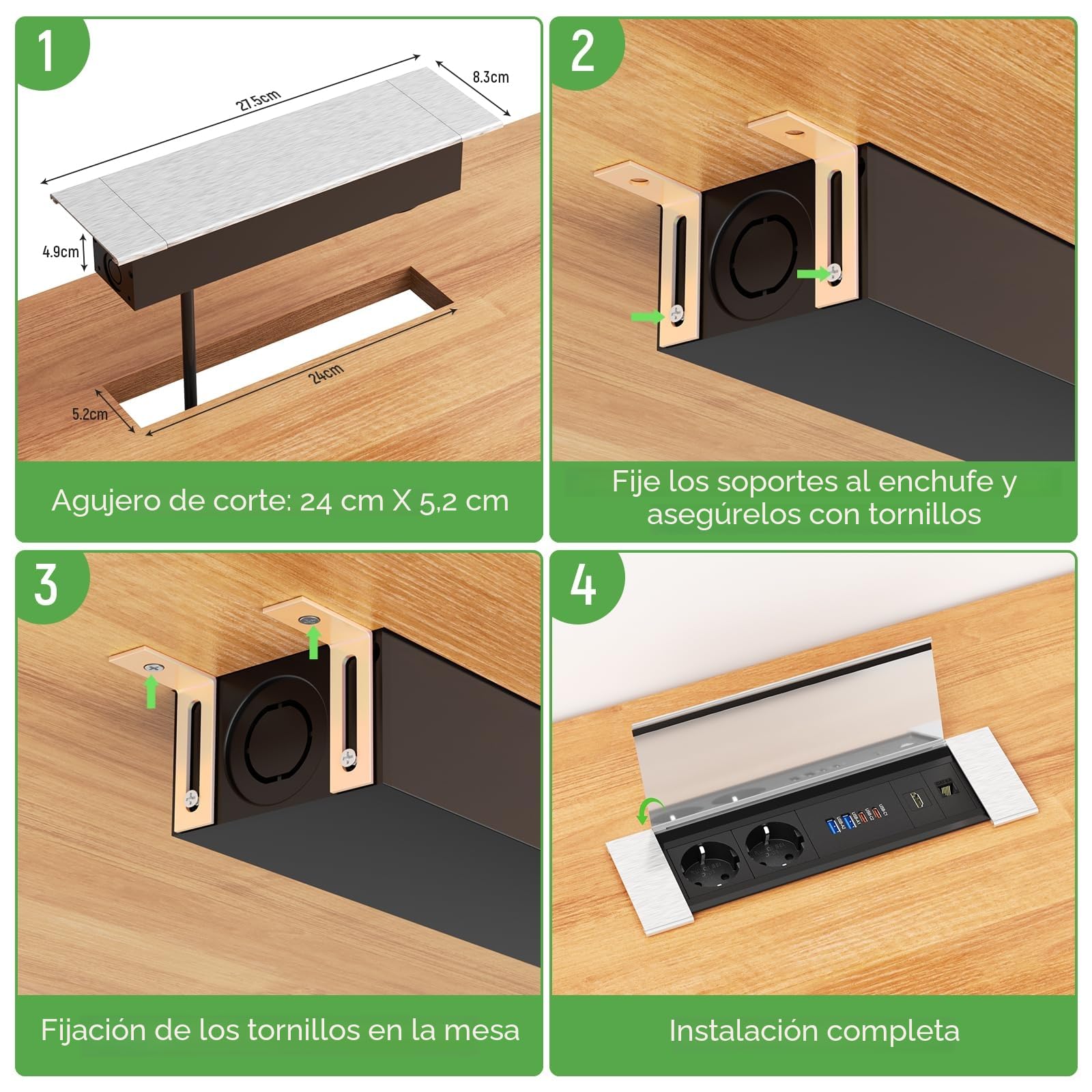 Enchufes Empotrable Mesa con USB C PD30W, Enchufe Empotrable con 4 USB HDMI RJ45, Regleta Empotrable con Tapa para Escritorio, Cocina, Oficina, Cable de 2 m, 2400 W/10 A