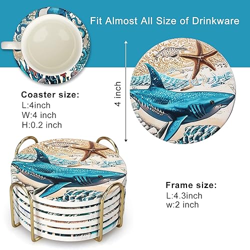 Miniatura 2 de Juego de 6 posavasos redondos de cerámica absorbente con soporte, los mejores posavasos con temática de playa, juego de posavasos modernos