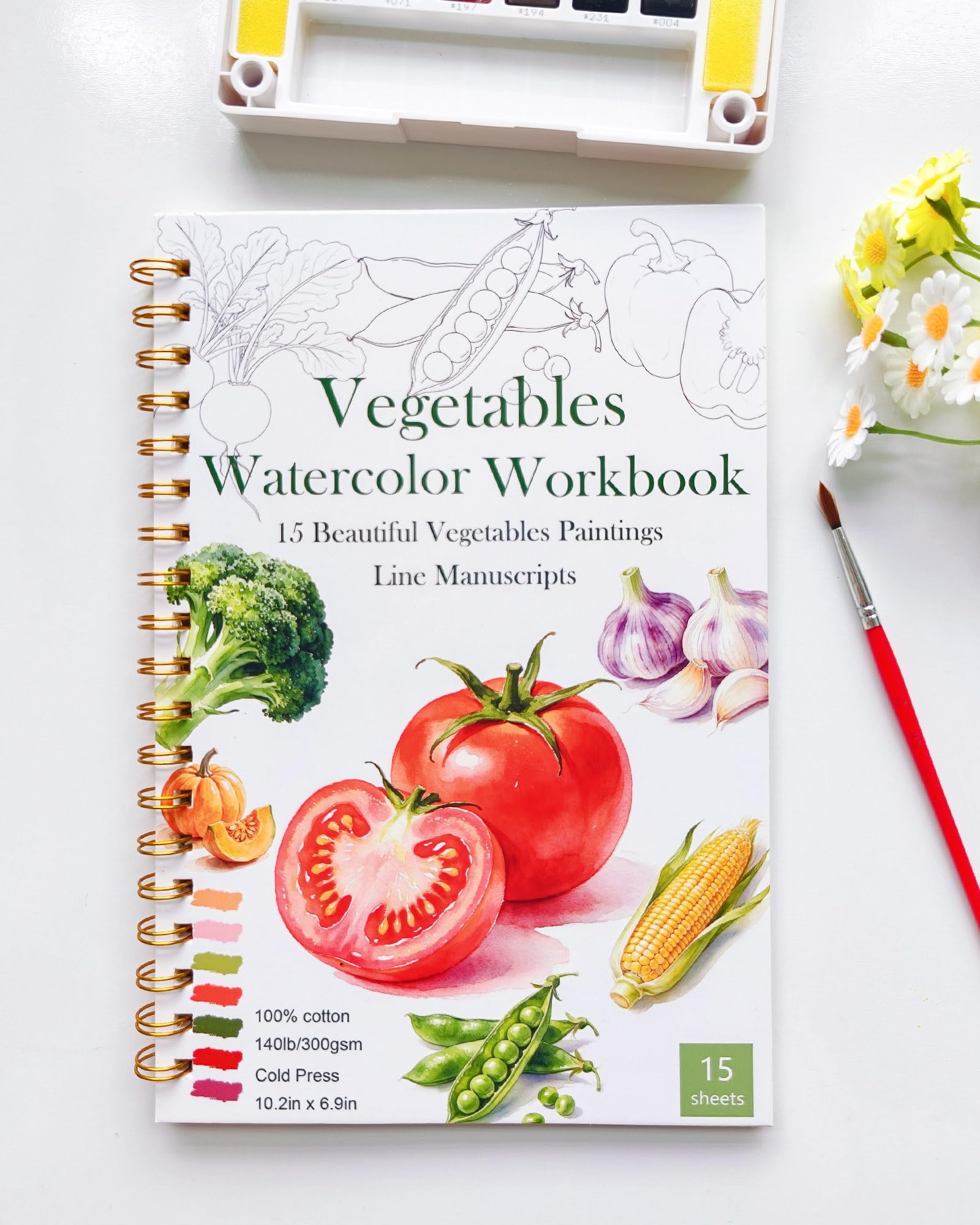 Watercolour Workbook, Water Colouring Book for Adult &Teens Beginners,15 Vegetables Designs 300gsm Cold Press Cotton Watercolour Paper,Perfect Gifts to Spark Creativity Stress Relief(26 x 17cm)