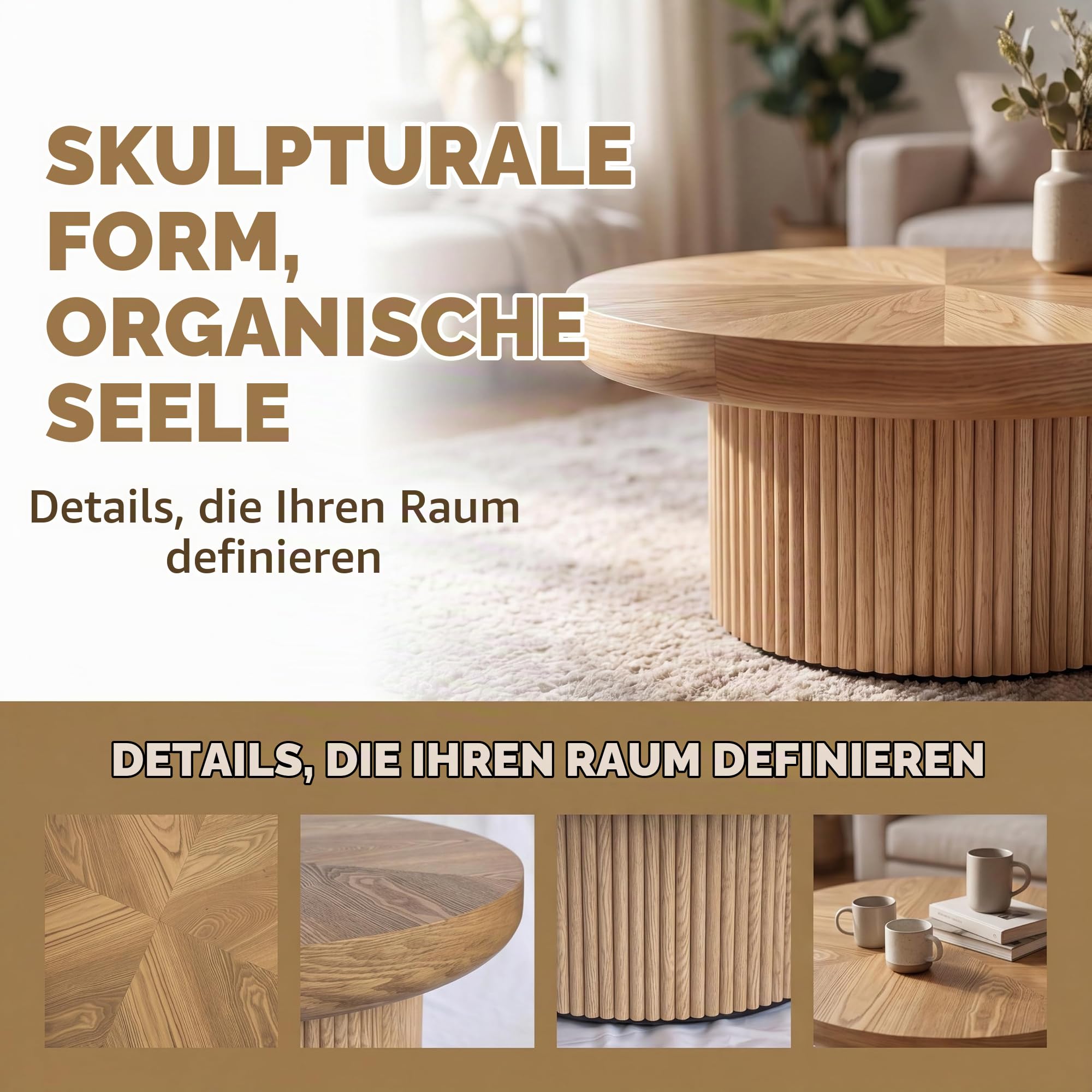 Couchtisch mit Parquet Pattern Top, Modern Round CoffeeTable,78cm | Fluted Design,Kid & Pet Friendly