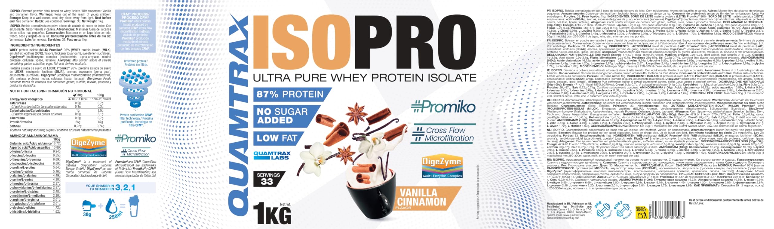 Quamtrax Nutrition - Isopro CFM (Aislado de Proteínas de Suero de Leche) - 1 kg - Sabor Vainilla con Canela - Alto contenido proteico, rápida absorción y bajo en grasas