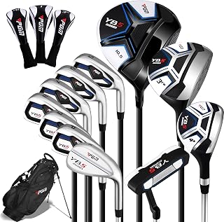 PGM Men's Complete Golf Club Set 12/15 Pieces - Driver, Fairway Wood, Hybrid, Irons, Putter, Stand Bag - Right Handed for Beginners (Standard/Tall)