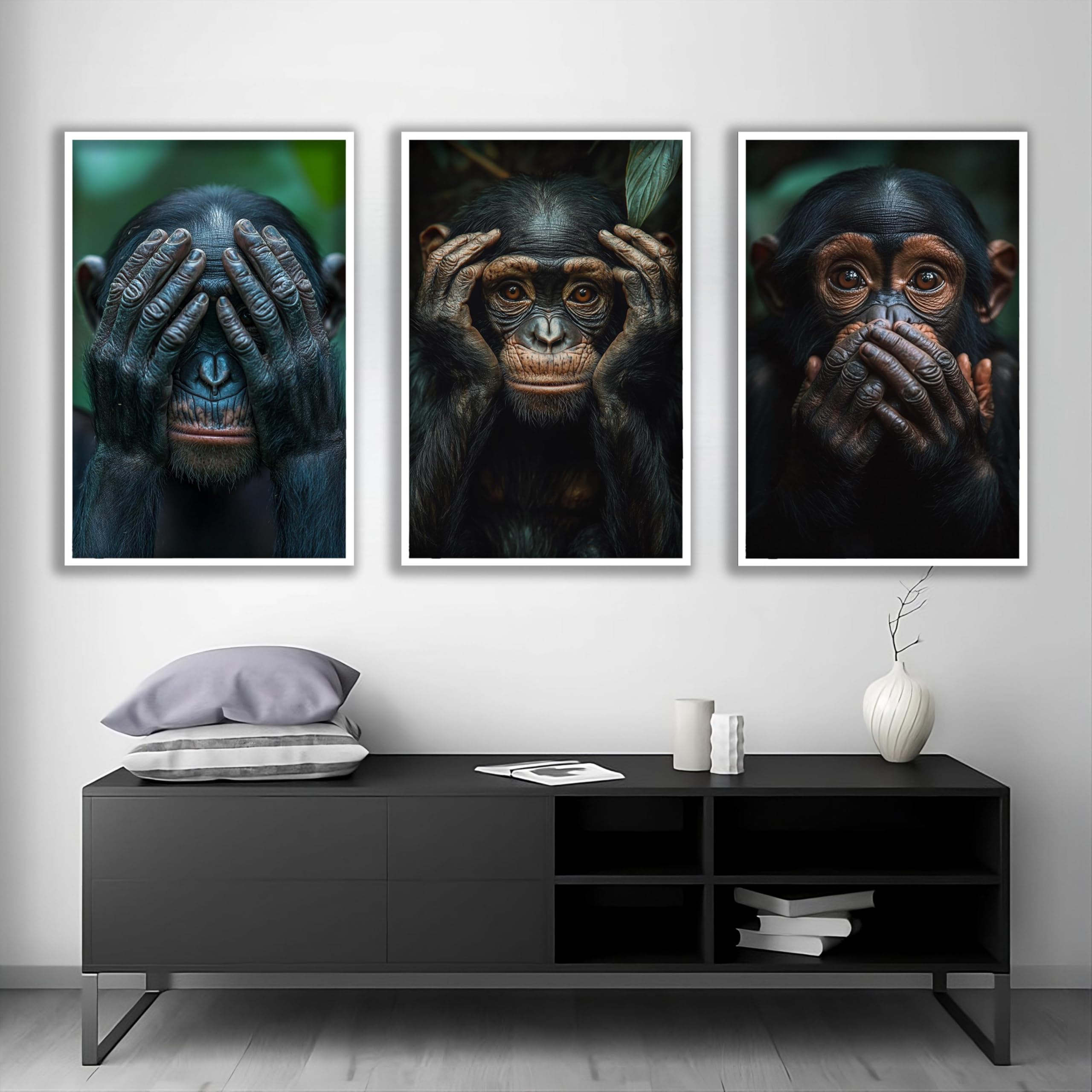 Zestaw 3 obrazów z mądrymi małpami, abstrakcyjne obrazy na płótnie małp, portrety zwierząt, dekoracyjne plakaty do sypialni (60 x 90 cm x 3 / bez ramki)