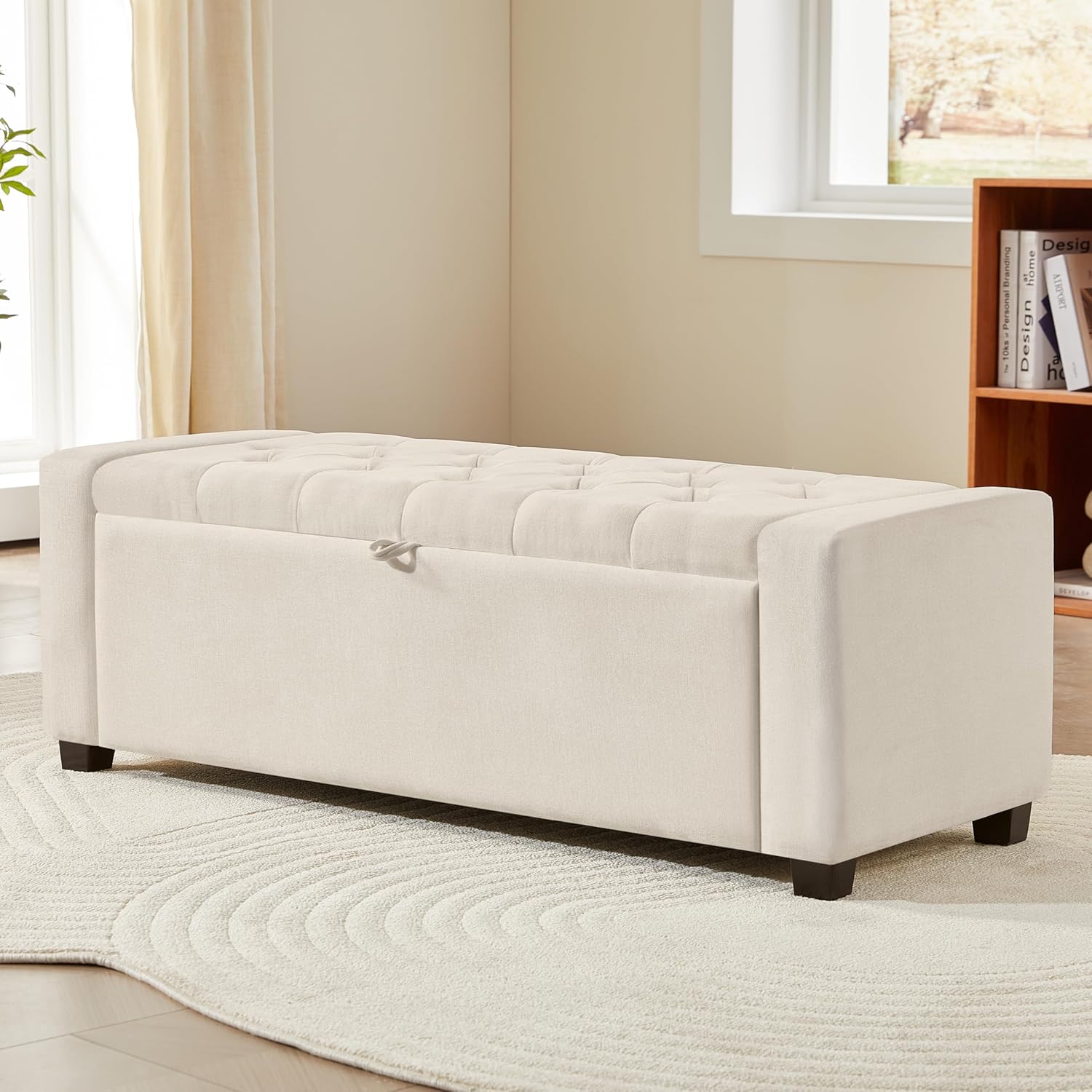 Ottoman with Storage,Upholstered Tufted Bench with Safety Hinge,Holds up to 350 lb,Entryway Bench with Seating for Bedroom, Living Room,Linen Beige