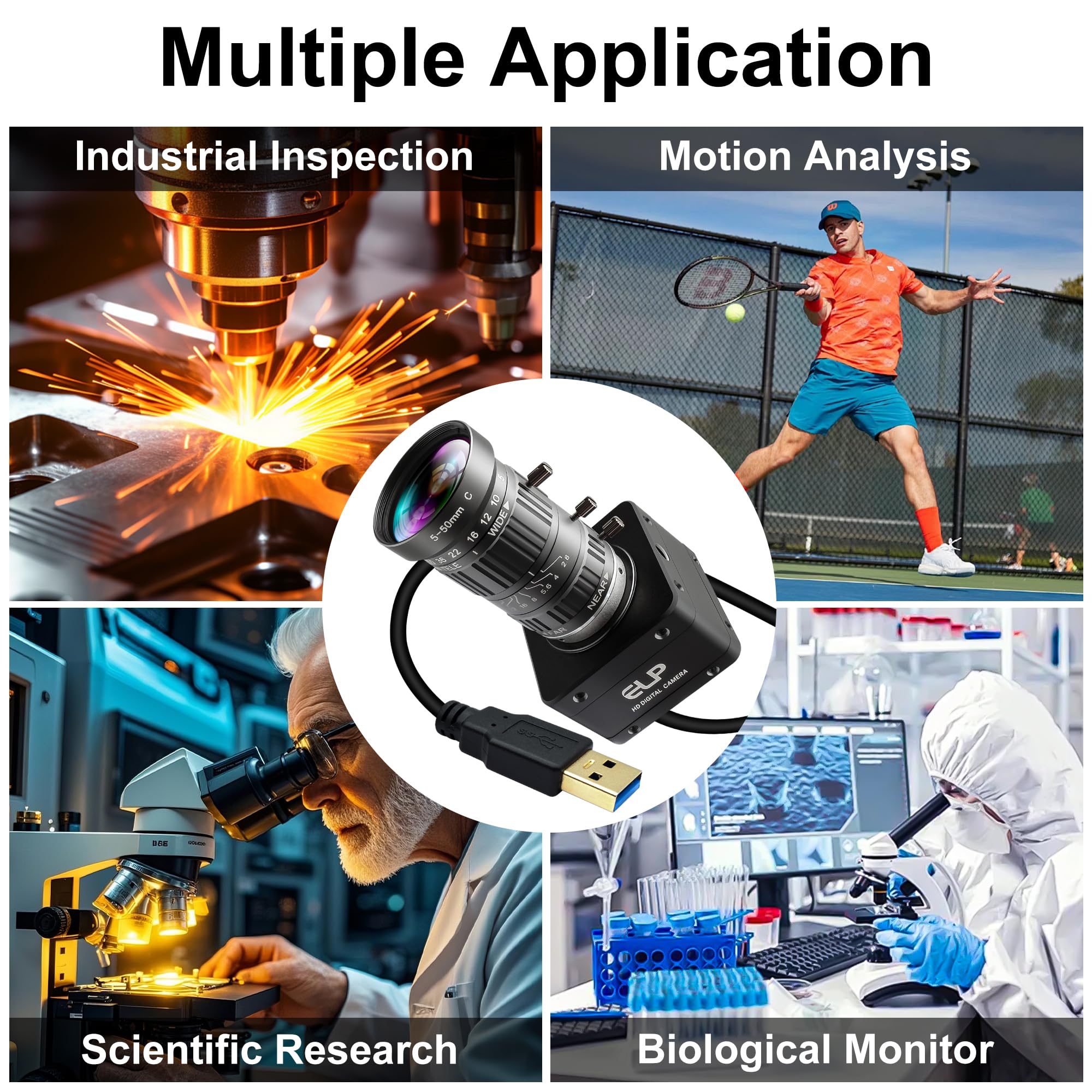 ELP Fotocamera da 12 MP USB 3.0, 4K a 30 fps, 1080p a 230 fps, alta frequenza fotogrammi UVC con obiettivo zoom 10X da 5-50 mm, Plug & Play per applicazioni industriali, sorveglianza e stampa 3D
